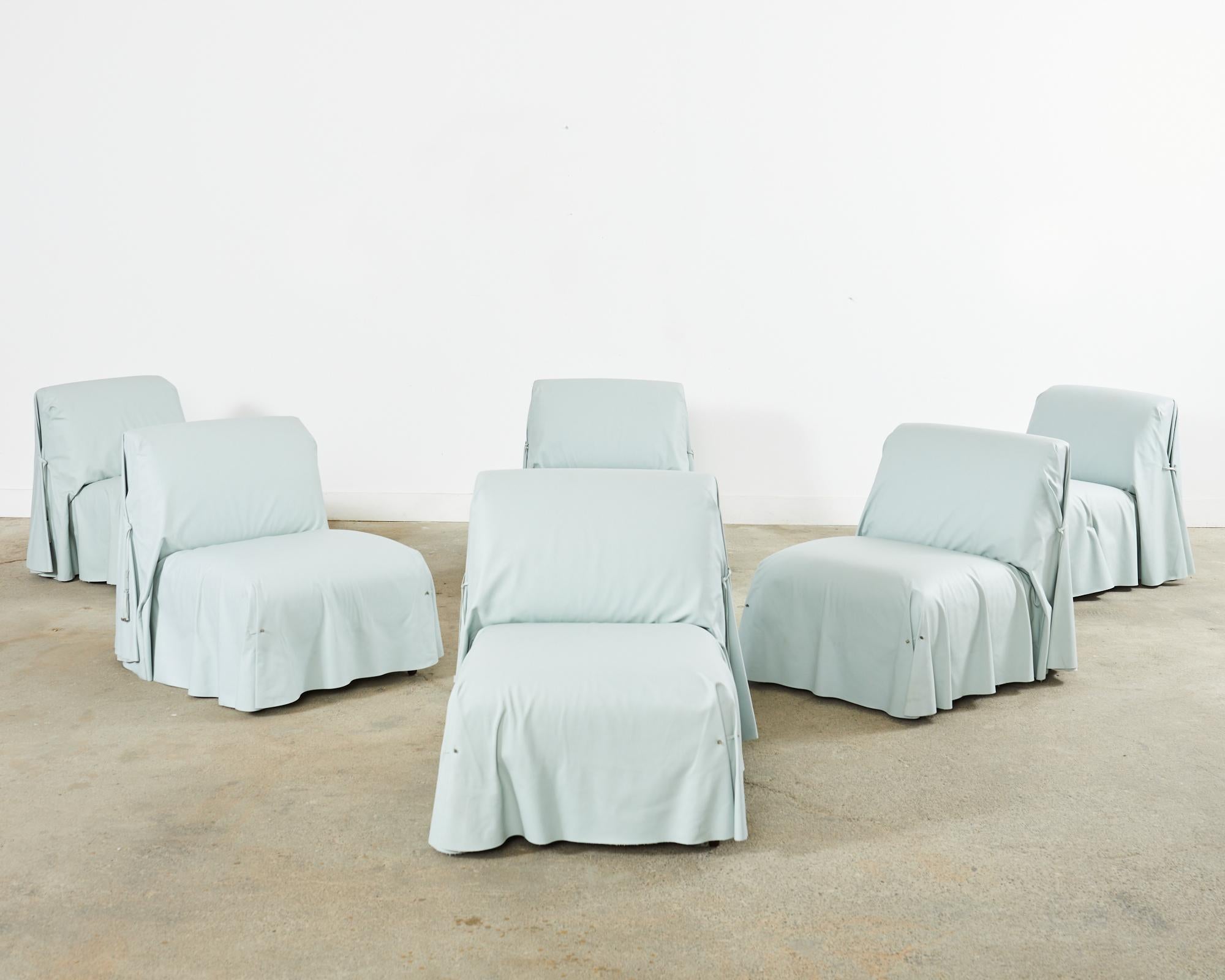 Ebonized Set of Six Fendi Casa Blue Leather Tunica Lounge Chairs  For Sale