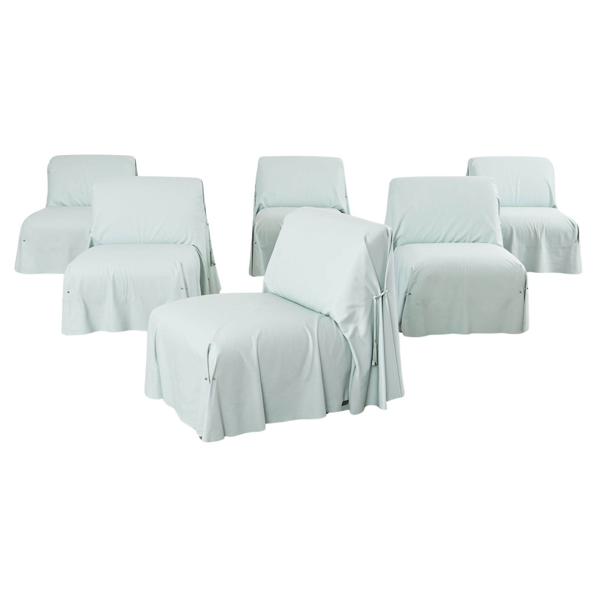 Set aus sechs blauen Fendi Casa-Ledersesseln Tunica Loungesesseln 