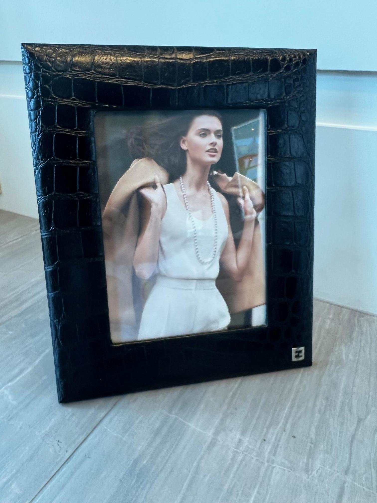 Italian Fendi Casa black embossed croc leather photo frames set For Sale