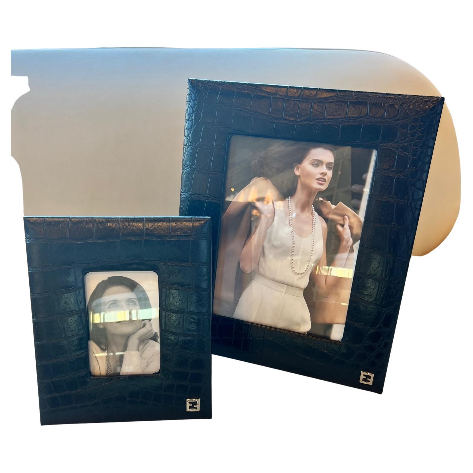 Fendi Casa black embossed croc leather photo frames set For Sale