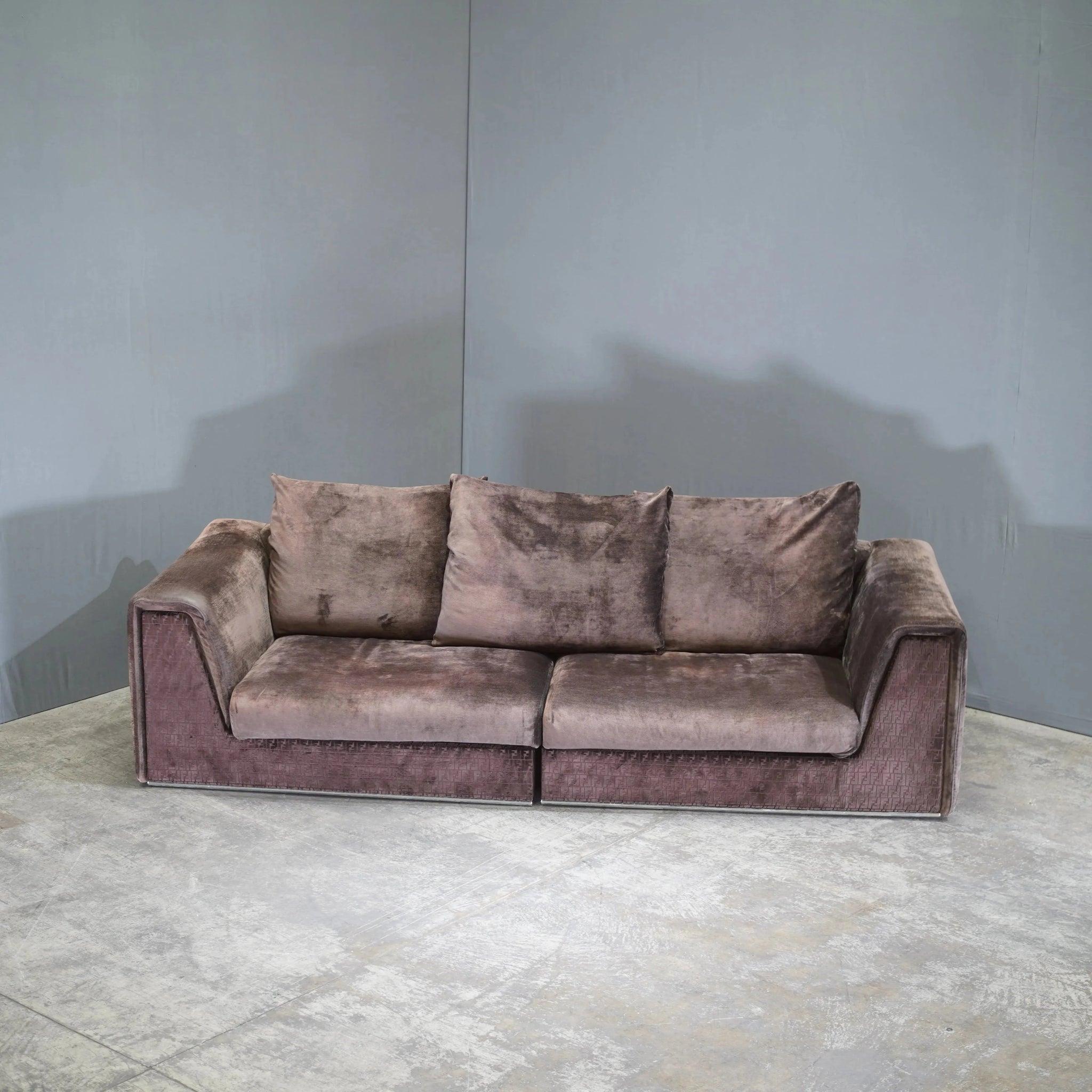 Fendi Casa Brown Velvet Prestige Sofa In Good Condition For Sale In Basildon, London