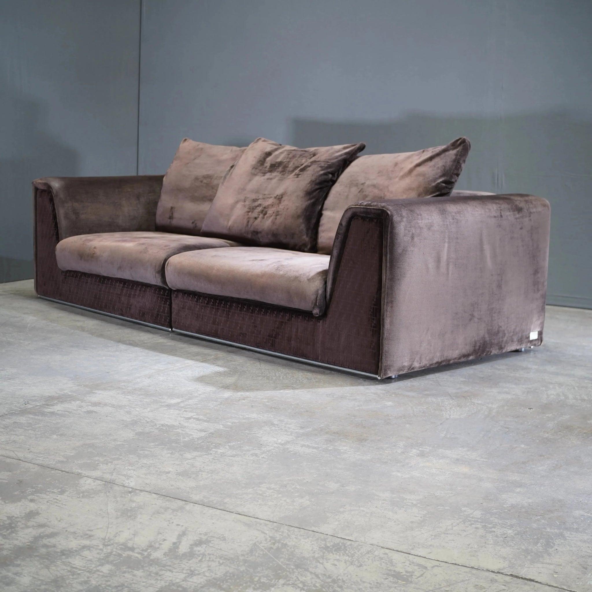 Contemporary Fendi Casa Brown Velvet Prestige Sofa For Sale