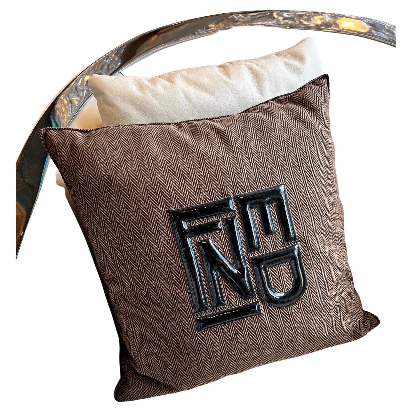 Fendi Casa fabric chevron pillow with patent leather Fendi logo For Sale
