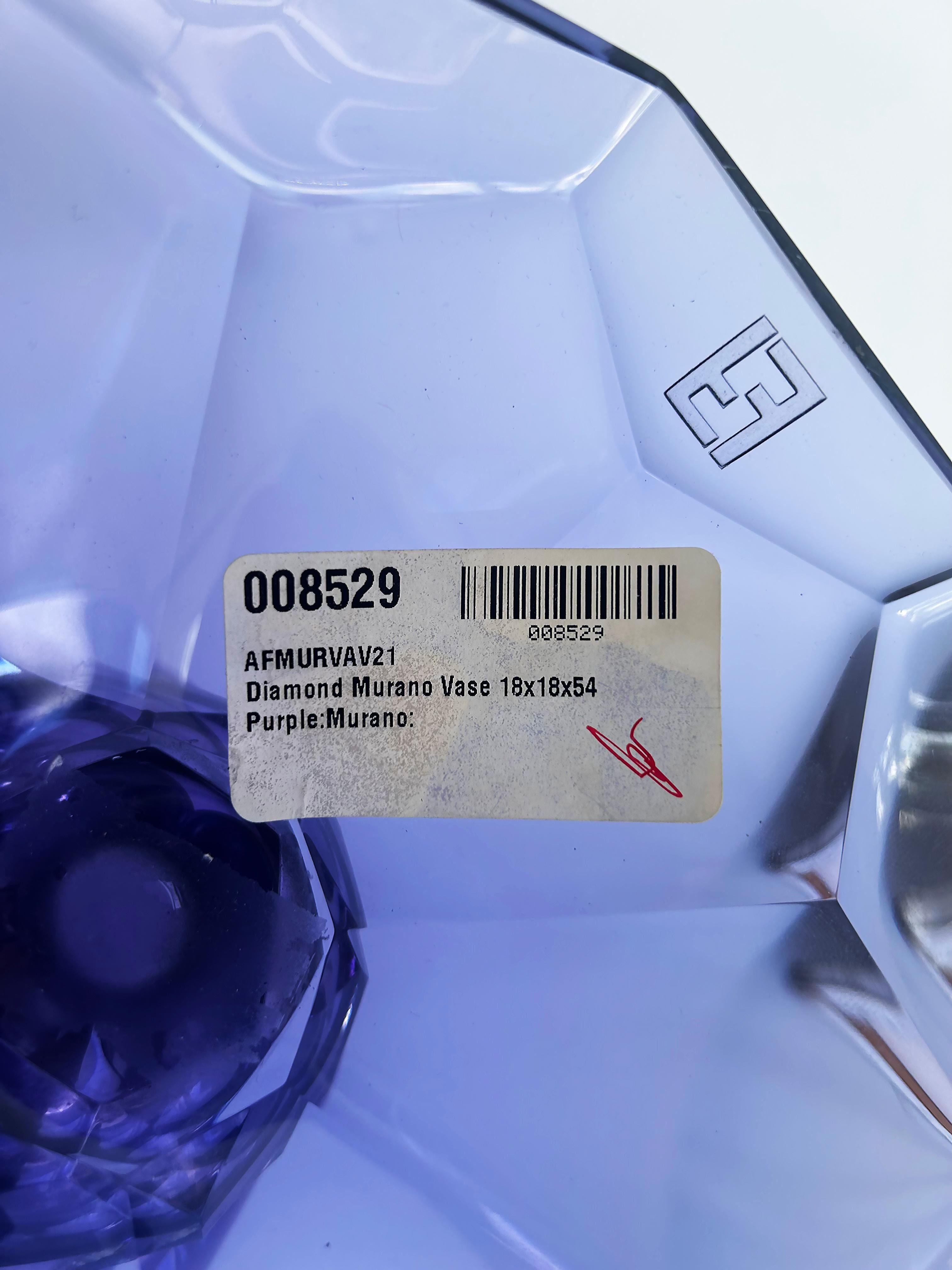 Modern Fendi Casa Hand-blown Vetri Glass Artístico Murano Vase, Amethyst Faceted Cut For Sale