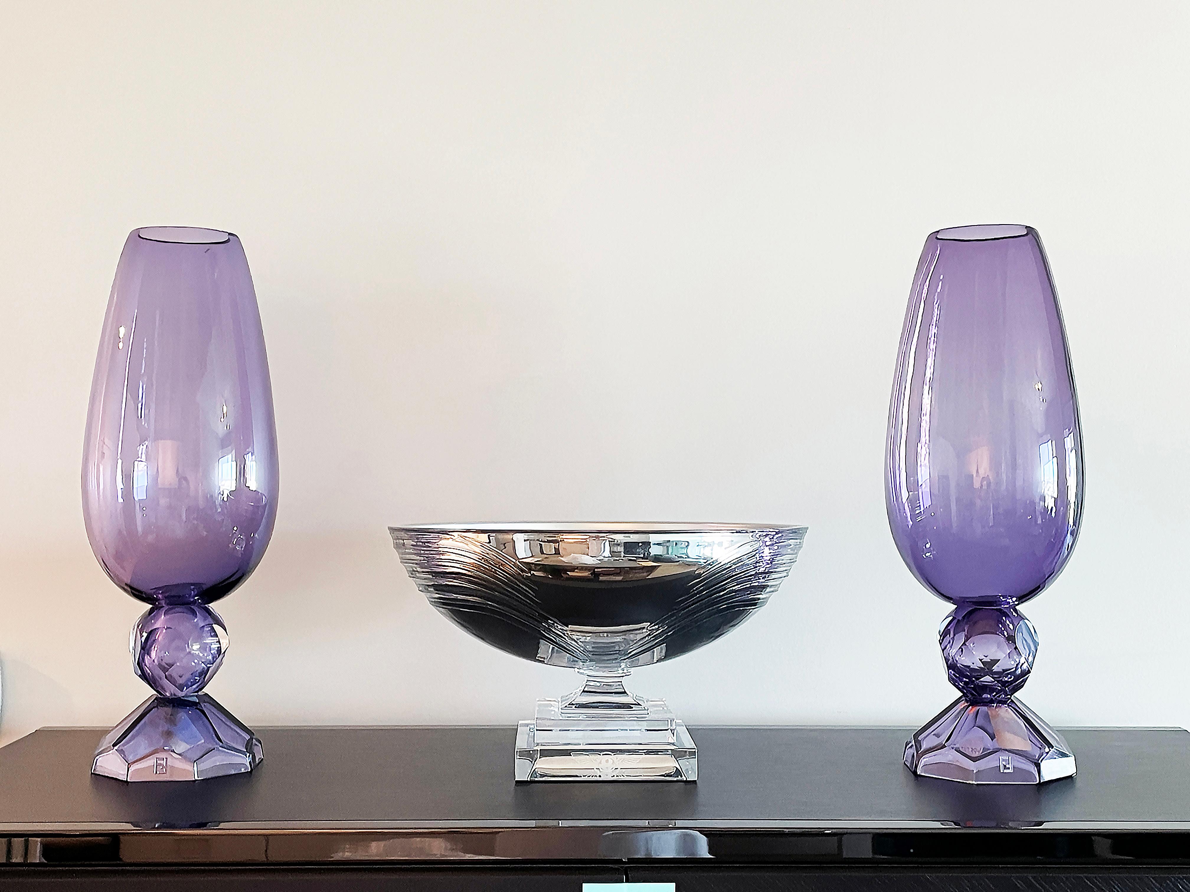Fendi Casa Hand-blown Vetri Glass Artístico Murano Vase, Amethyst Faceted Cut For Sale 1