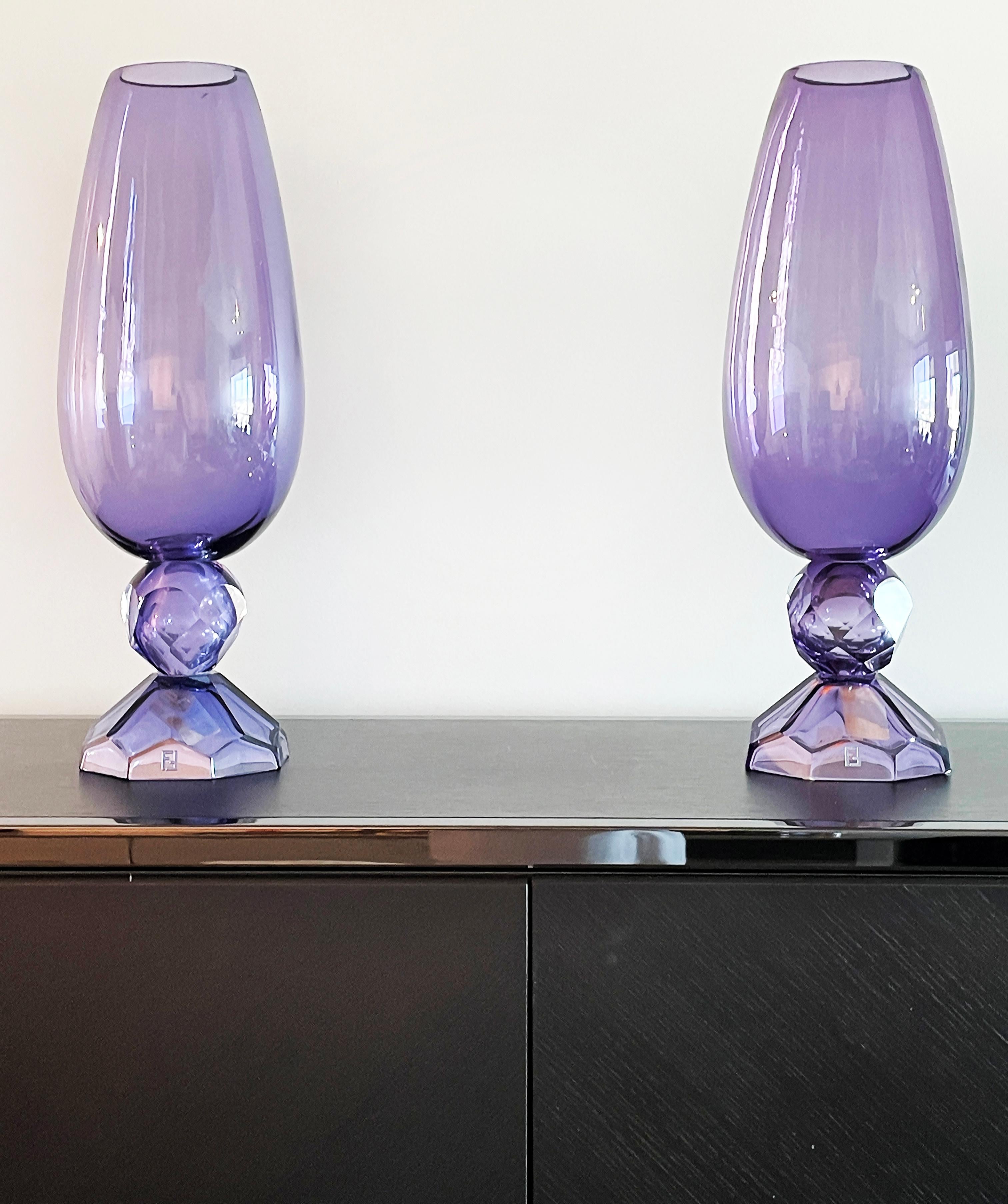 Contemporary Fendi Casa Hand-blown Vetri Glass Artístico Murano Vases, Amethyst Faceted Cut  For Sale