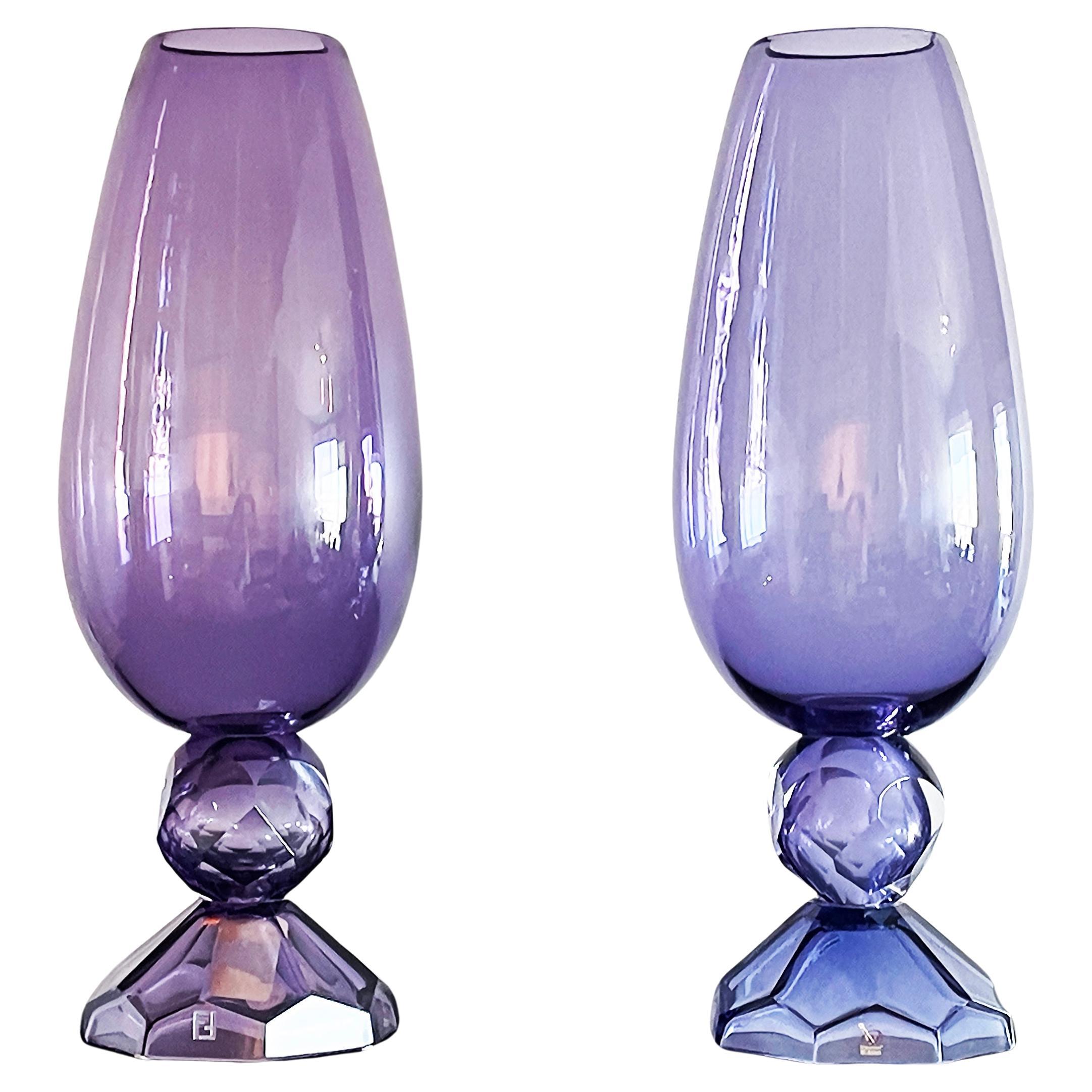 Fendi Casa Hand-blown Vetri Glass Artístico Murano Vases, Amethyst Faceted Cut  For Sale
