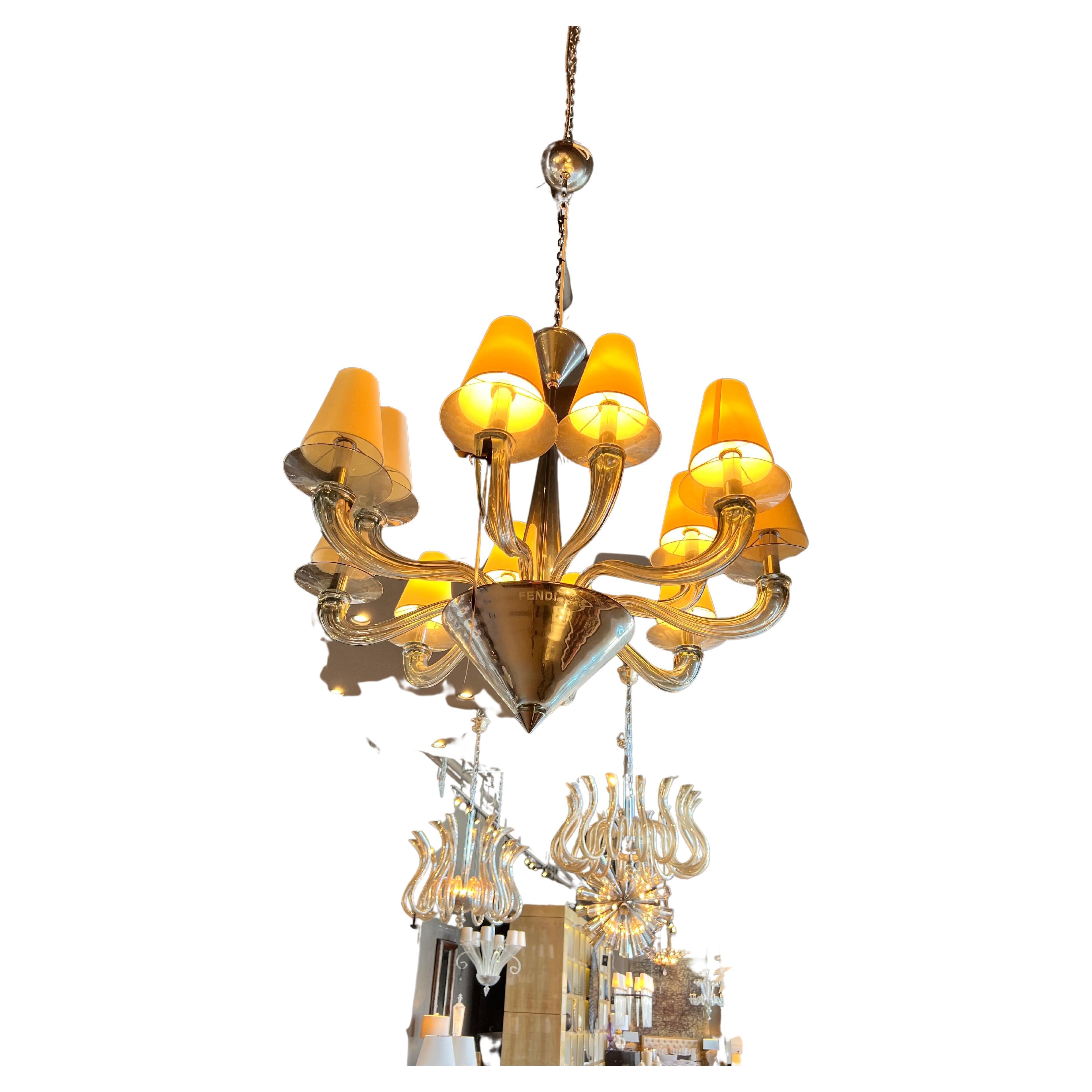 This is a beautiful twelve armed two triered Murano chandelier made by Fendi Casa in a smoked grey mirror finish with paper shades.
Will be cleaned before shipping.
