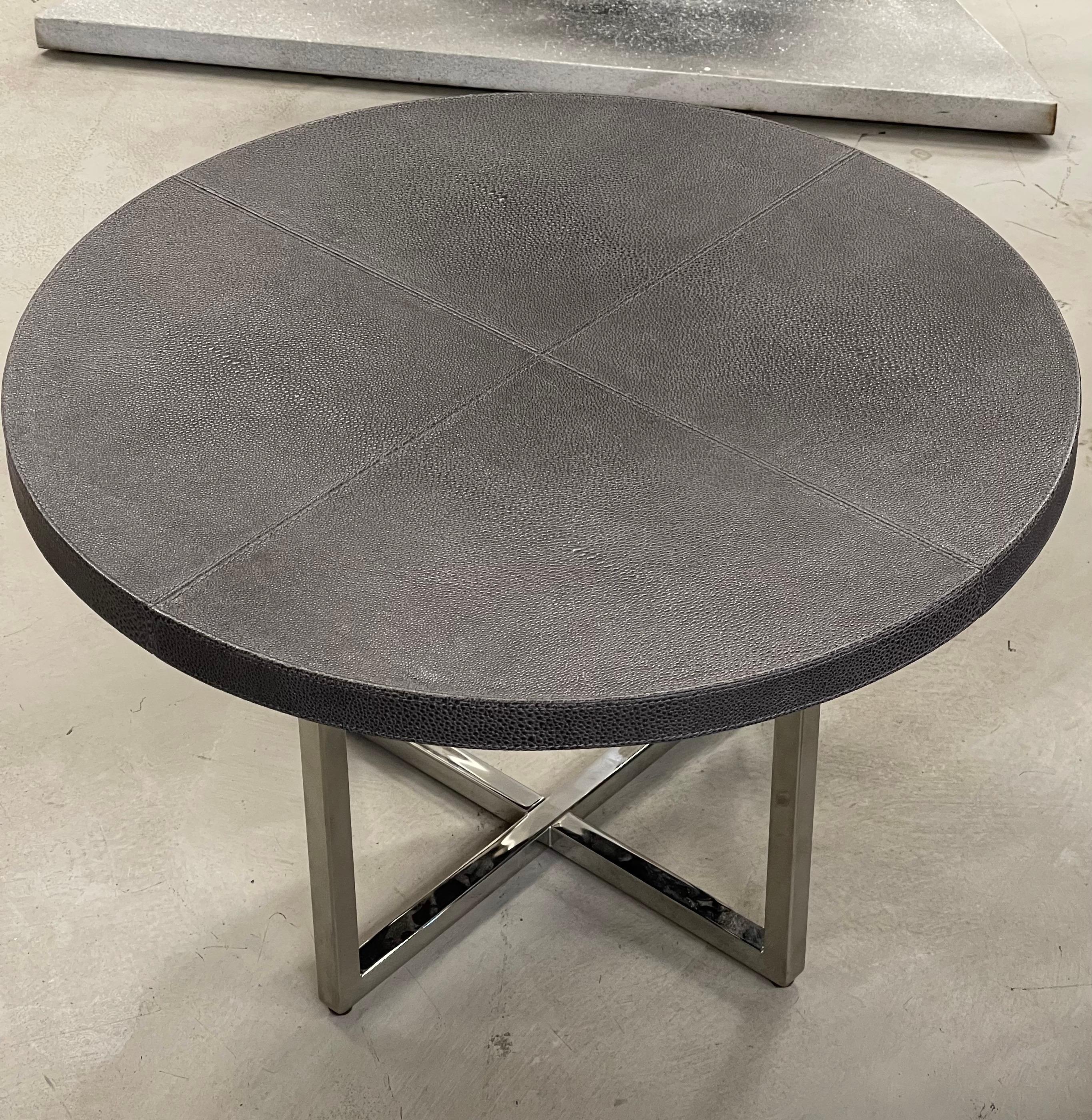Beautiful faux shagreen top Fendi Casa cocktail coffee table or side table. Nice size at 23.75 inches in diameter and 15 inches high.  Very good condition with some minor blemishes to base.  Pictured next to a Charles and Ray Eames 670/671 Rosewood