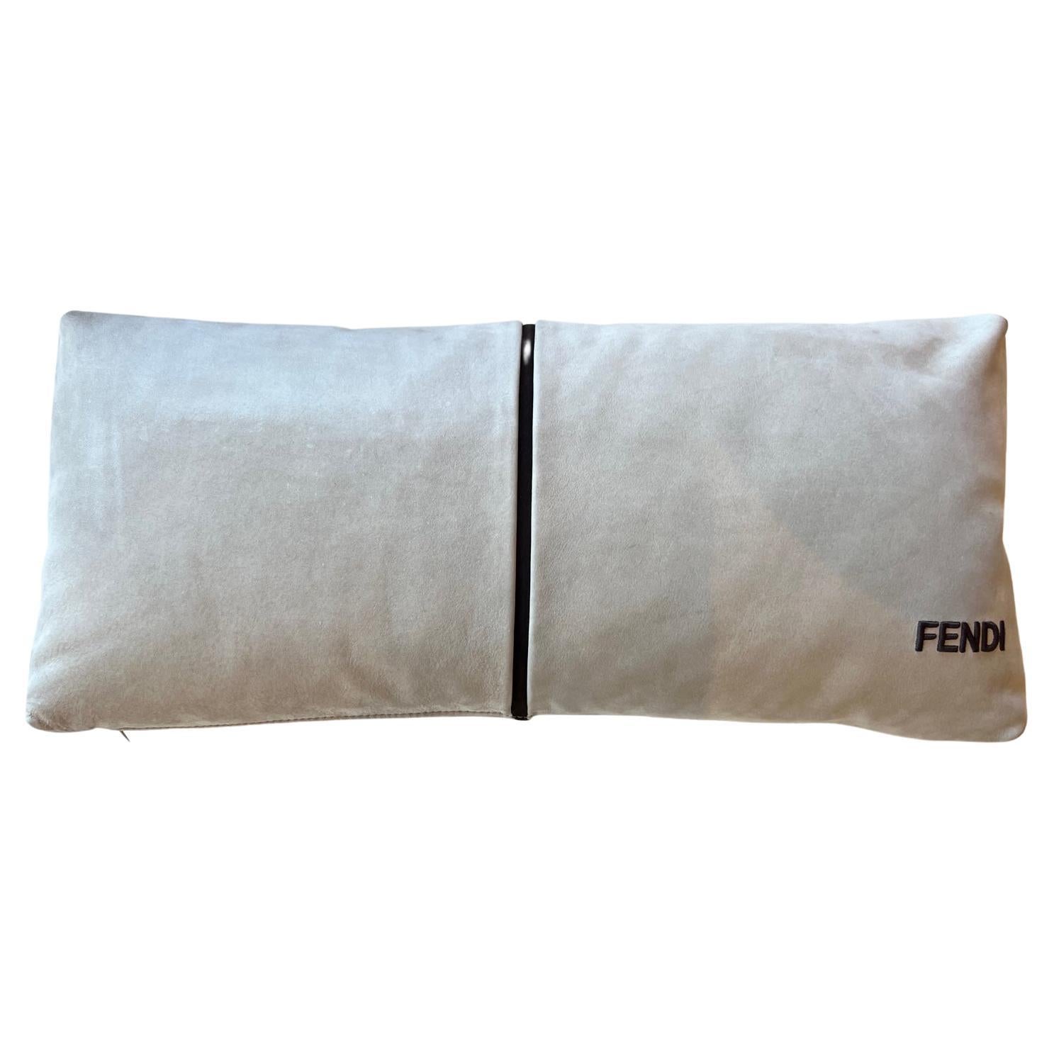 Fendi Casa taupe suede kidney pillow with perferated Fendi bask and chocolate  For Sale