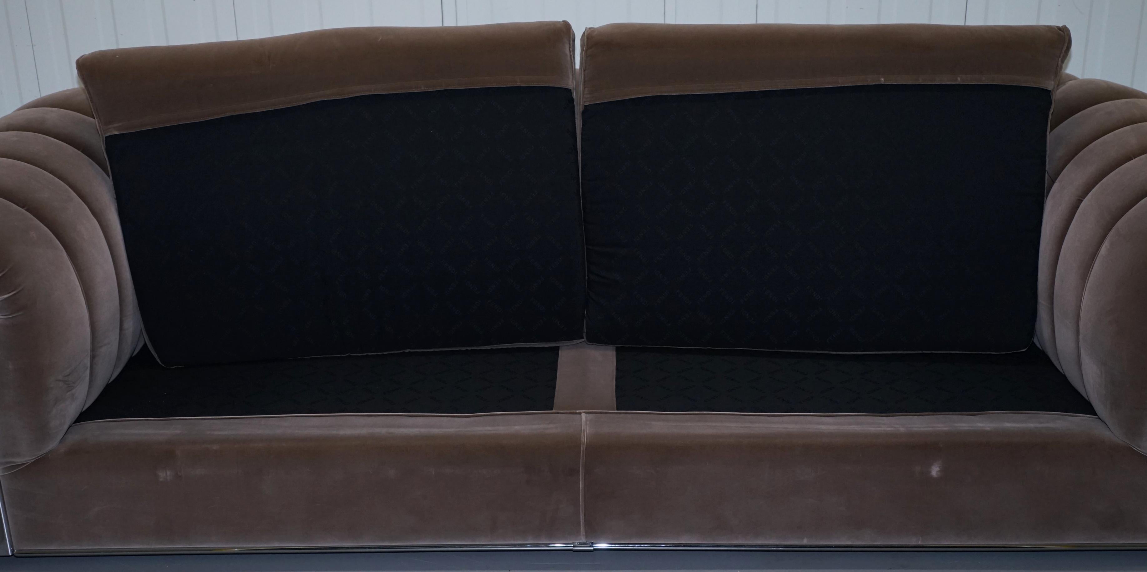 Fendi Case Minosse Grey Silk Velvet 3 to 4 Seat Sofa Chrome Panels 5