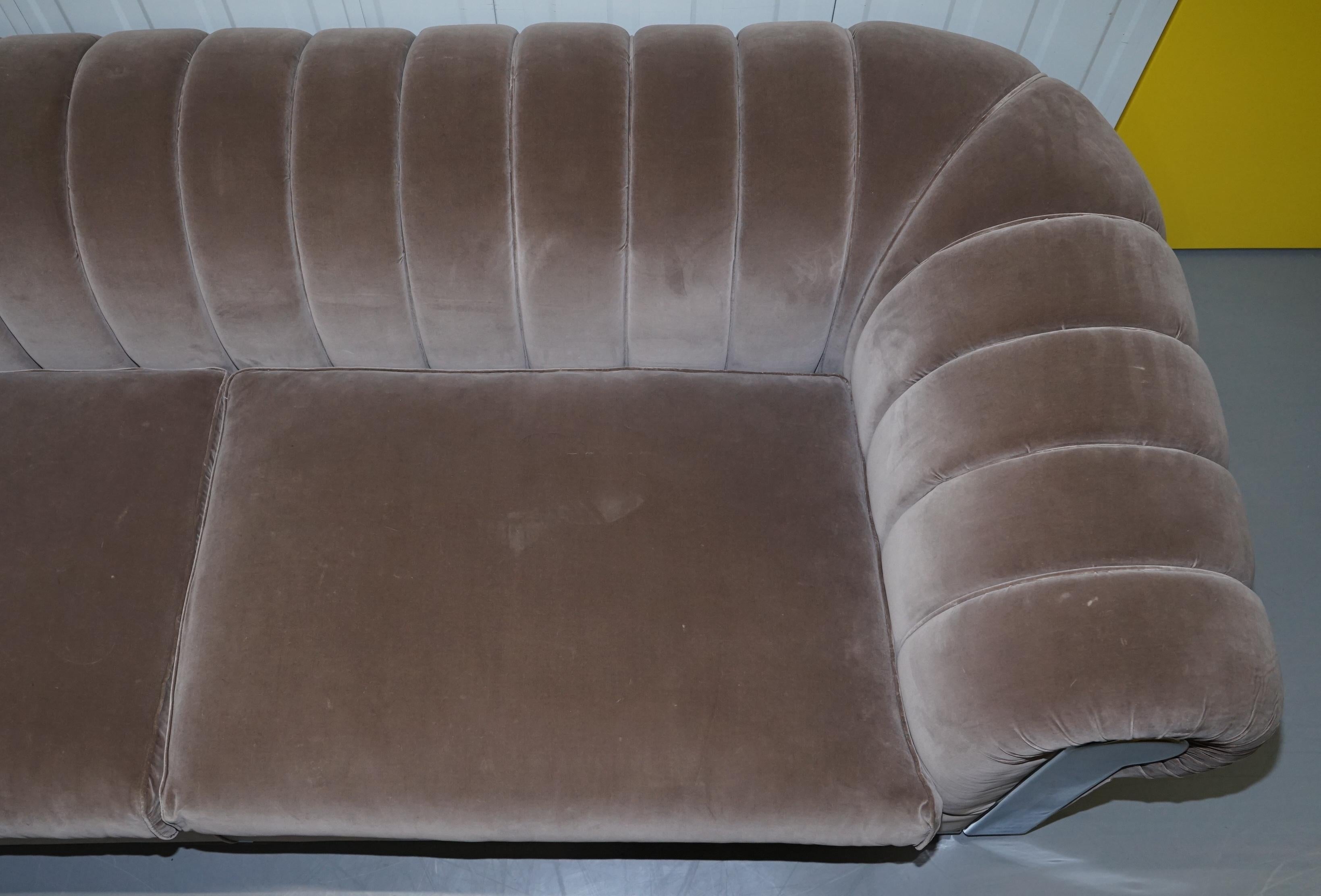 Modern Fendi Case Minosse Grey Silk Velvet 3 to 4 Seat Sofa Chrome Panels