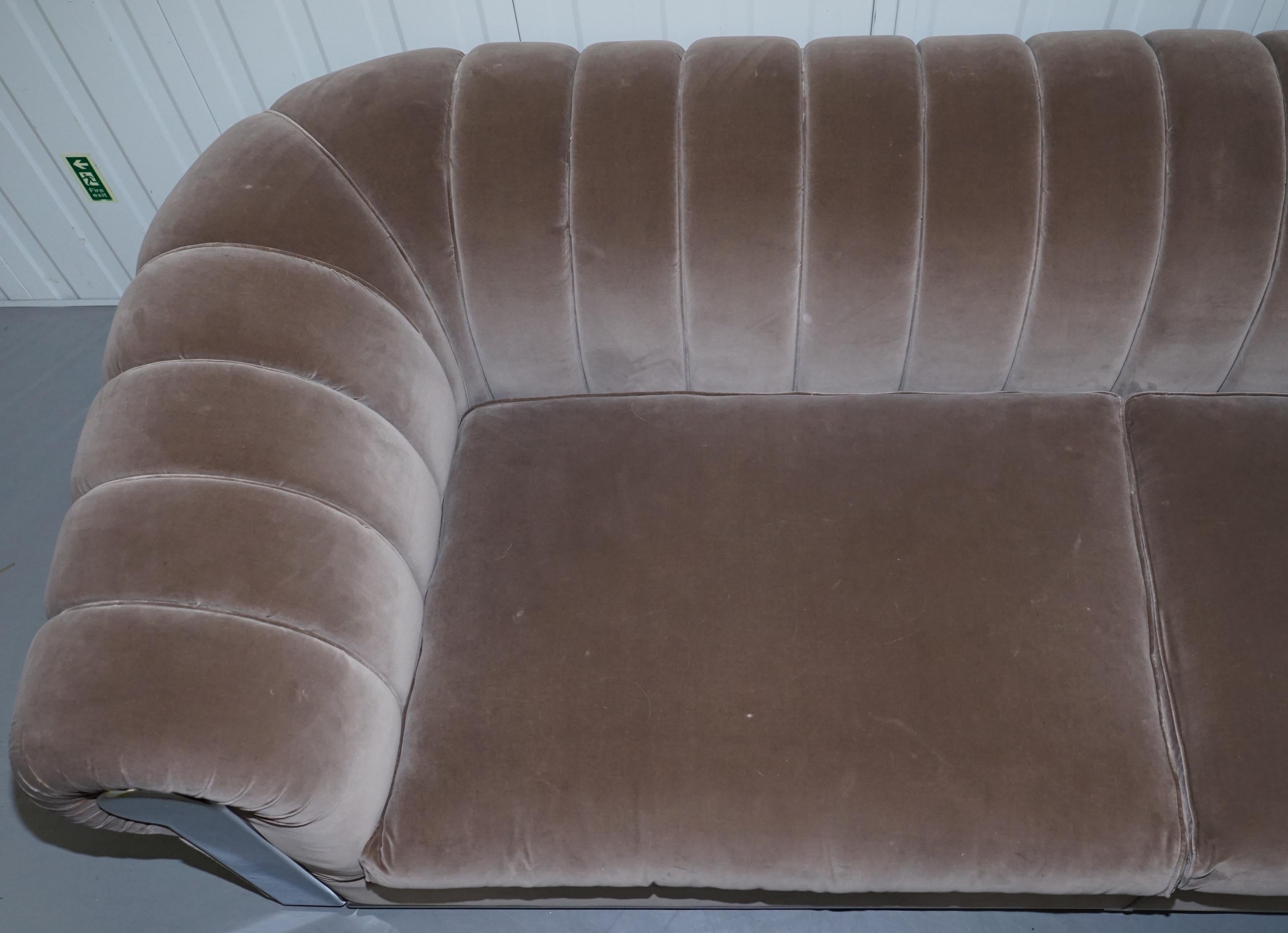 English Fendi Case Minosse Grey Silk Velvet 3 to 4 Seat Sofa Chrome Panels