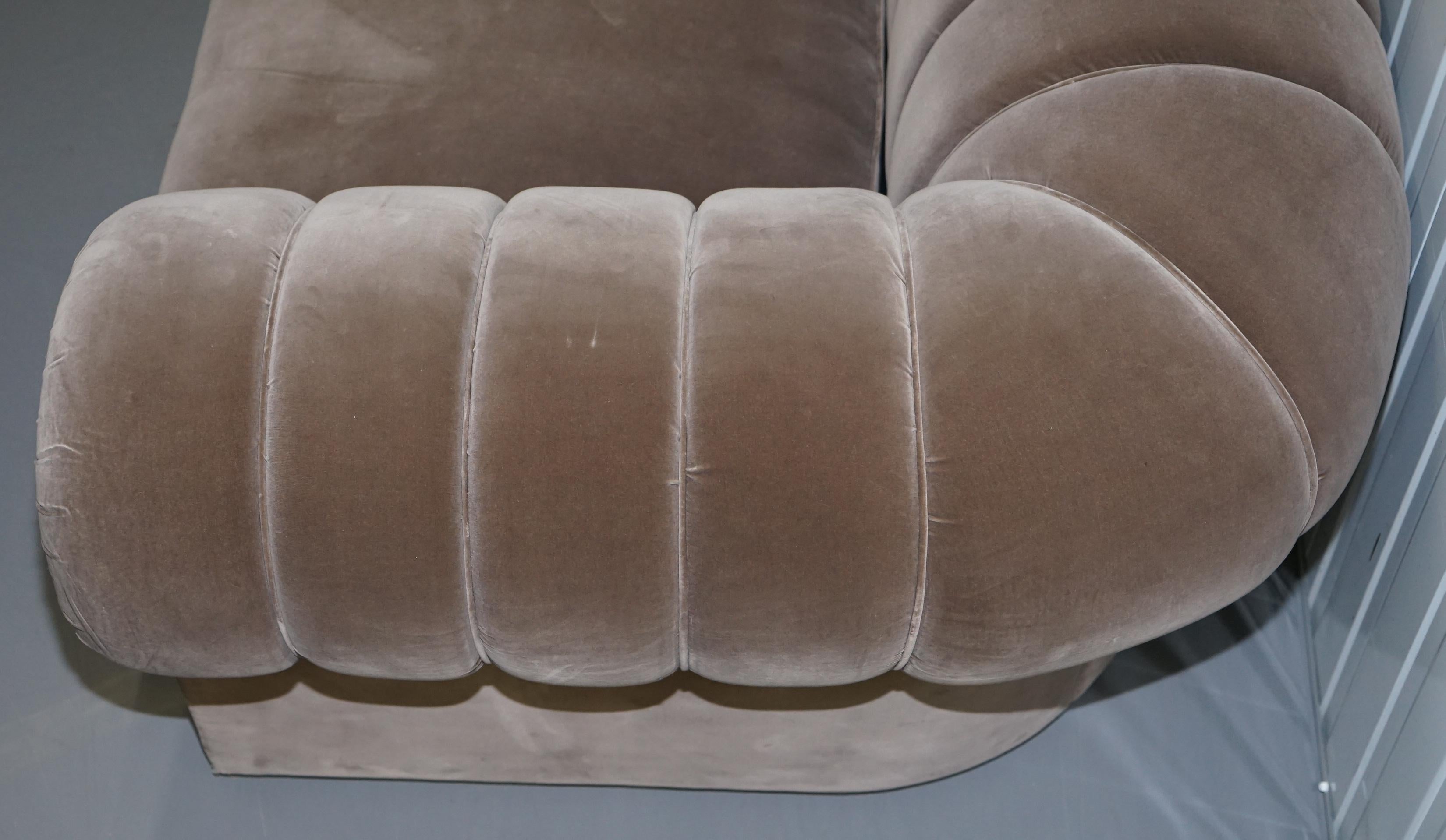 Hand-Crafted Fendi Case Minosse Grey Silk Velvet 3 to 4 Seat Sofa Chrome Panels