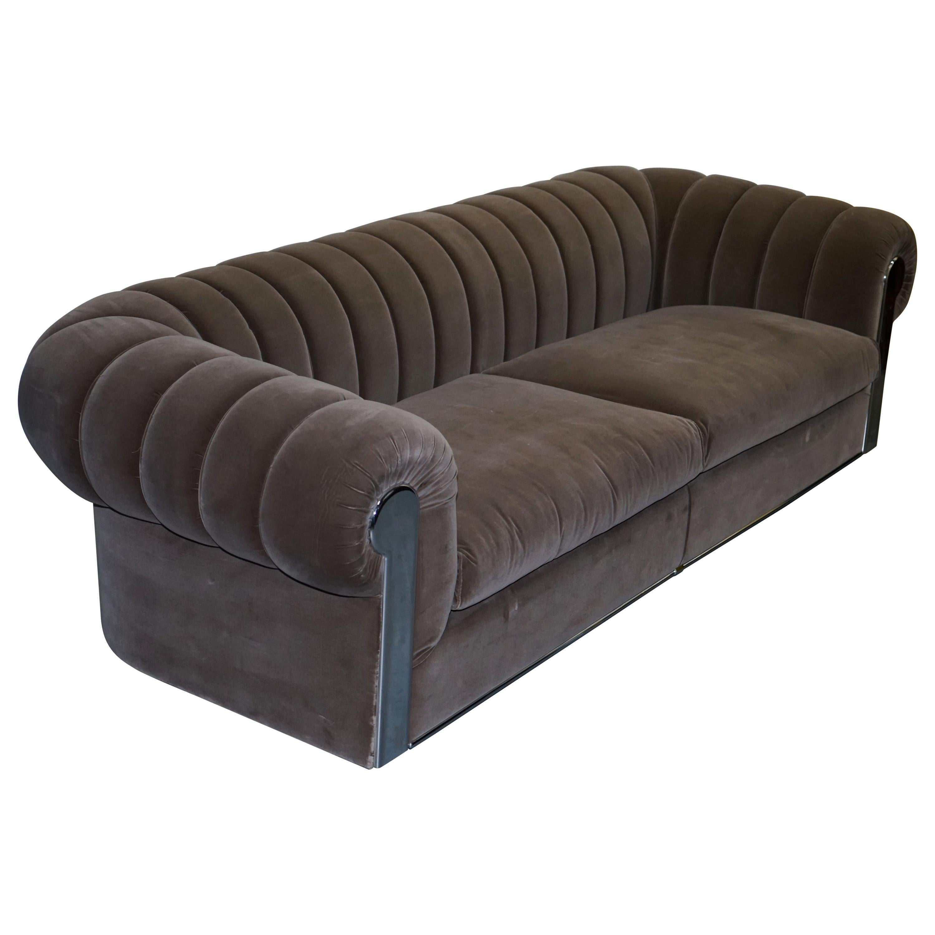 Fendi Case Minosse Grey Silk Velvet 3 to 4 Seat Sofa Chrome Panels