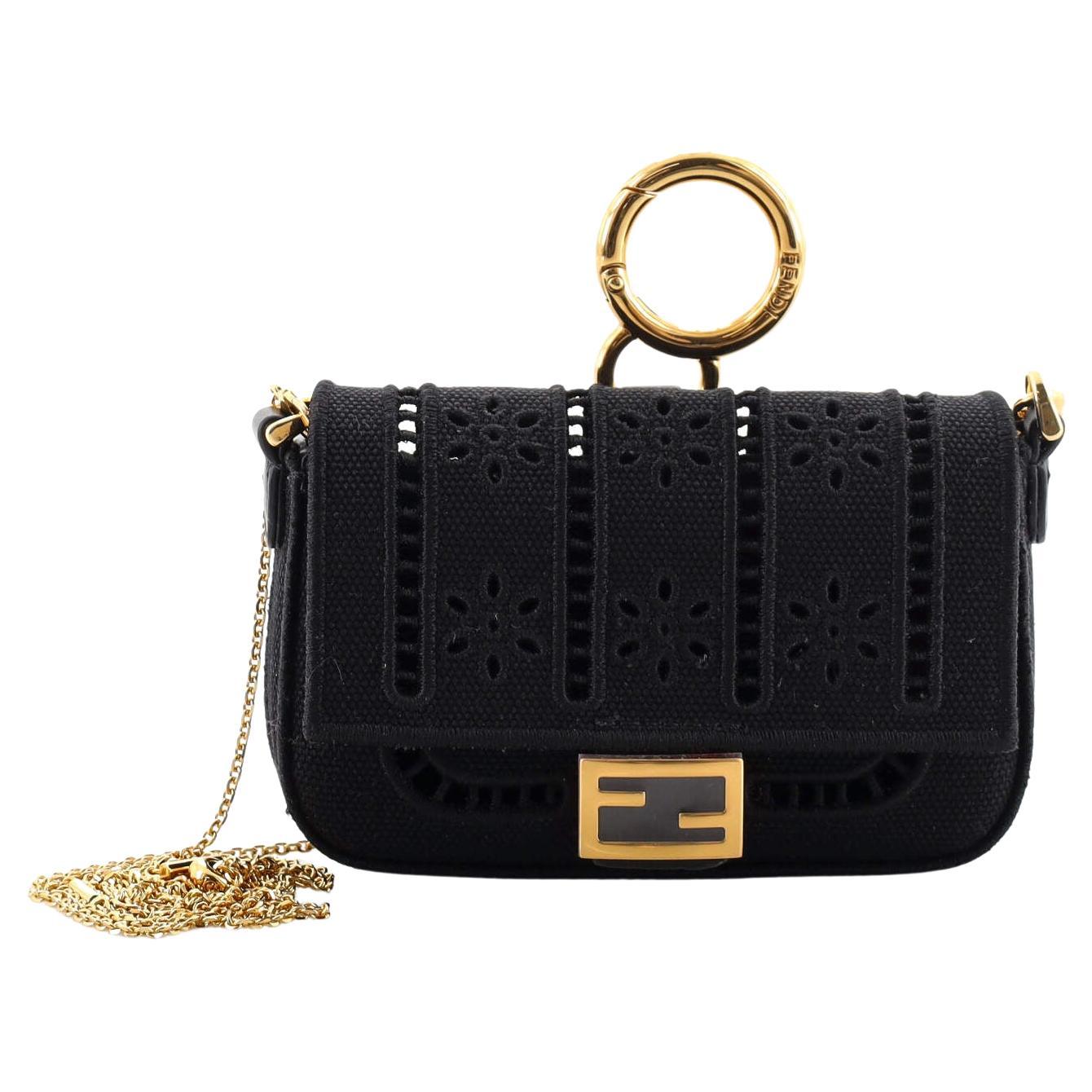 Fendi Chain Baguette Charm Bag Embroidered Canvas Nano