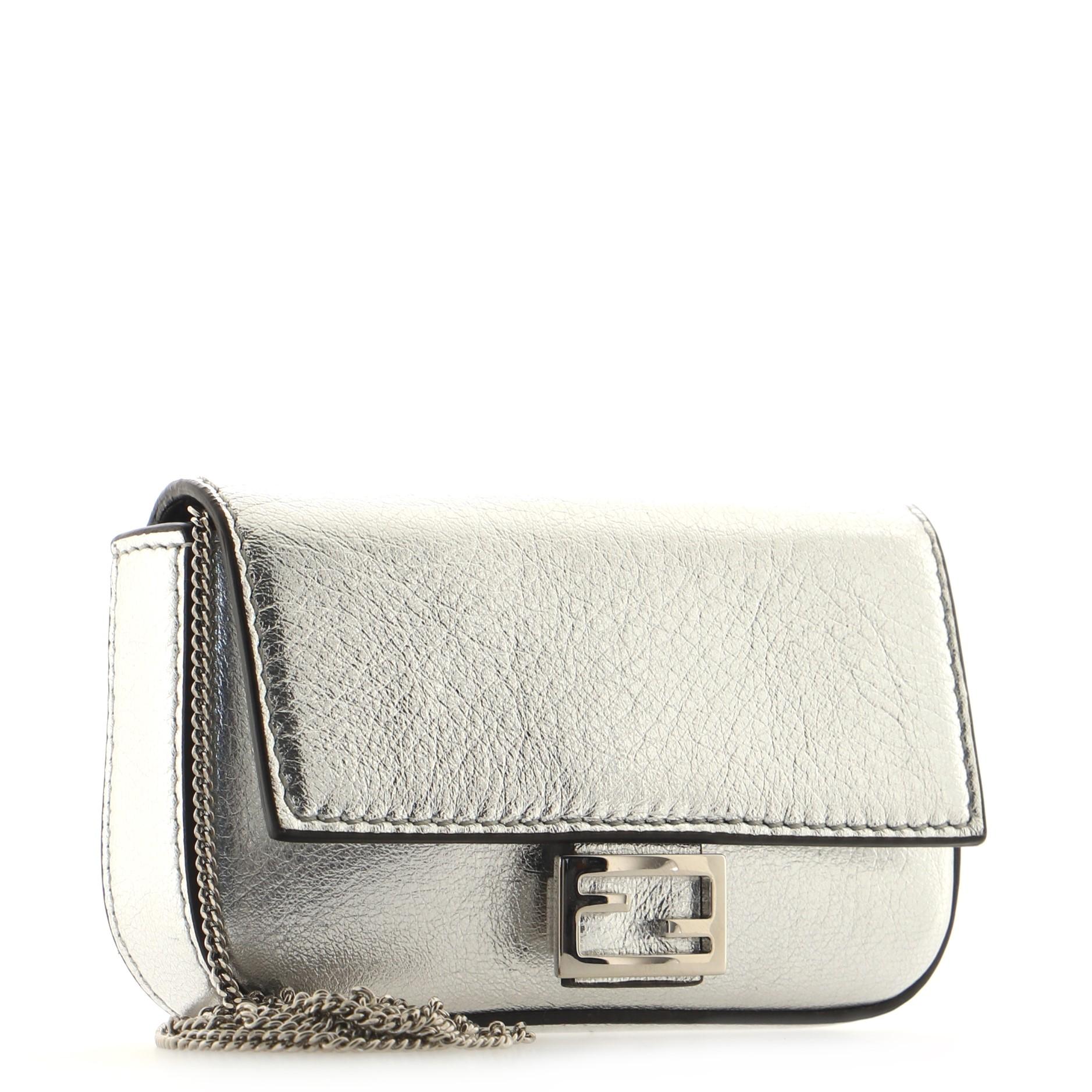 Gray Fendi Chain Baguette Charm Bag Leather Nano