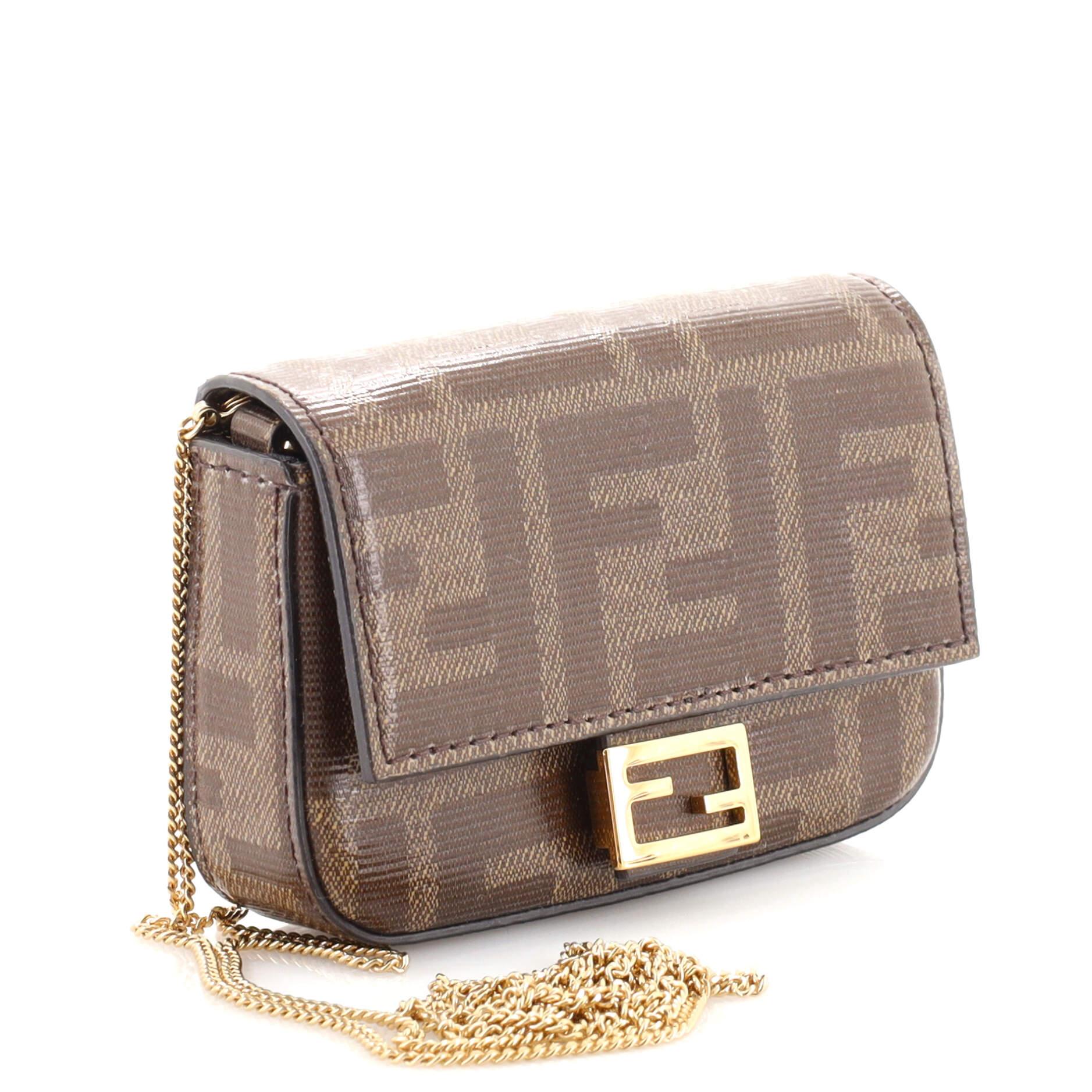 Brown Fendi Chain Baguette Charm Bag Zucca Coated Canvas Nano