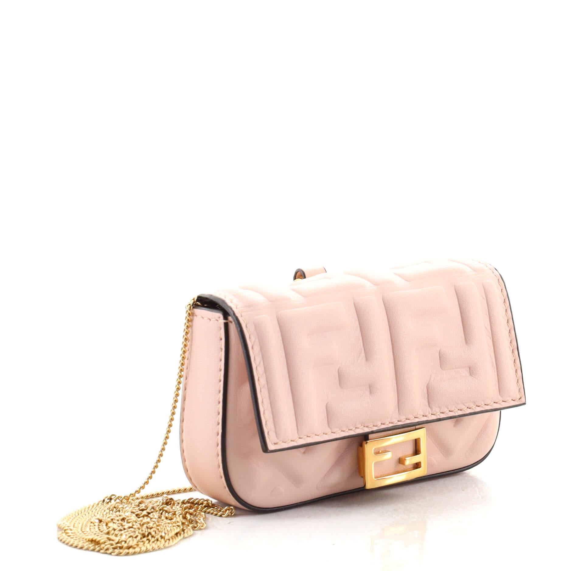 Beige Fendi Chain Baguette Charm Bag Zucca Embossed Leather Nano