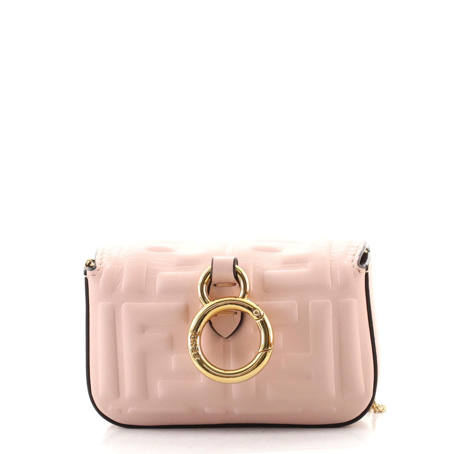 Fendi Chain Baguette Charm Bag Zucca Embossed Leather Nano In Good Condition In NY, NY