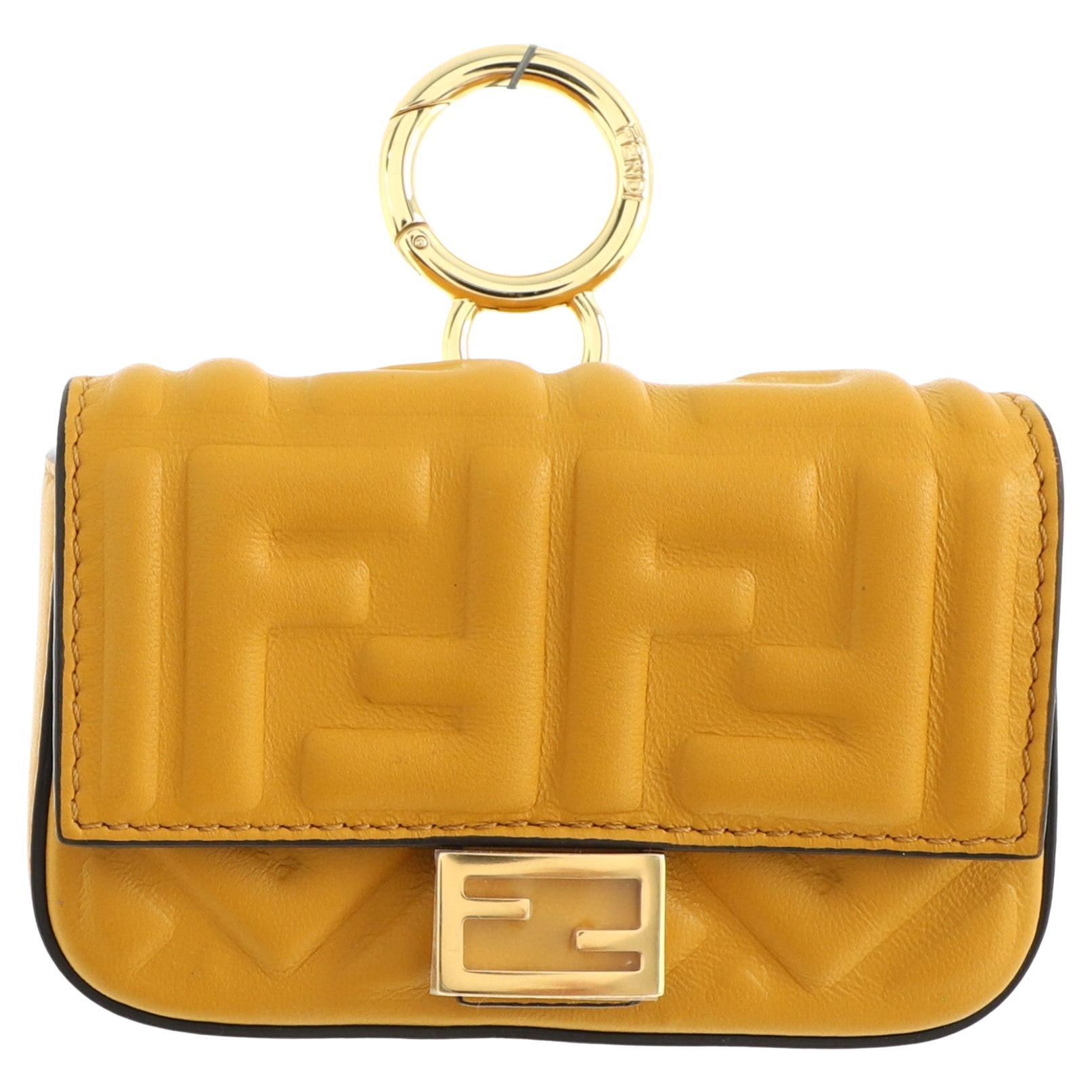 Fendi Chain Baguette Charm Bag Zucca Embossed Leather Nano