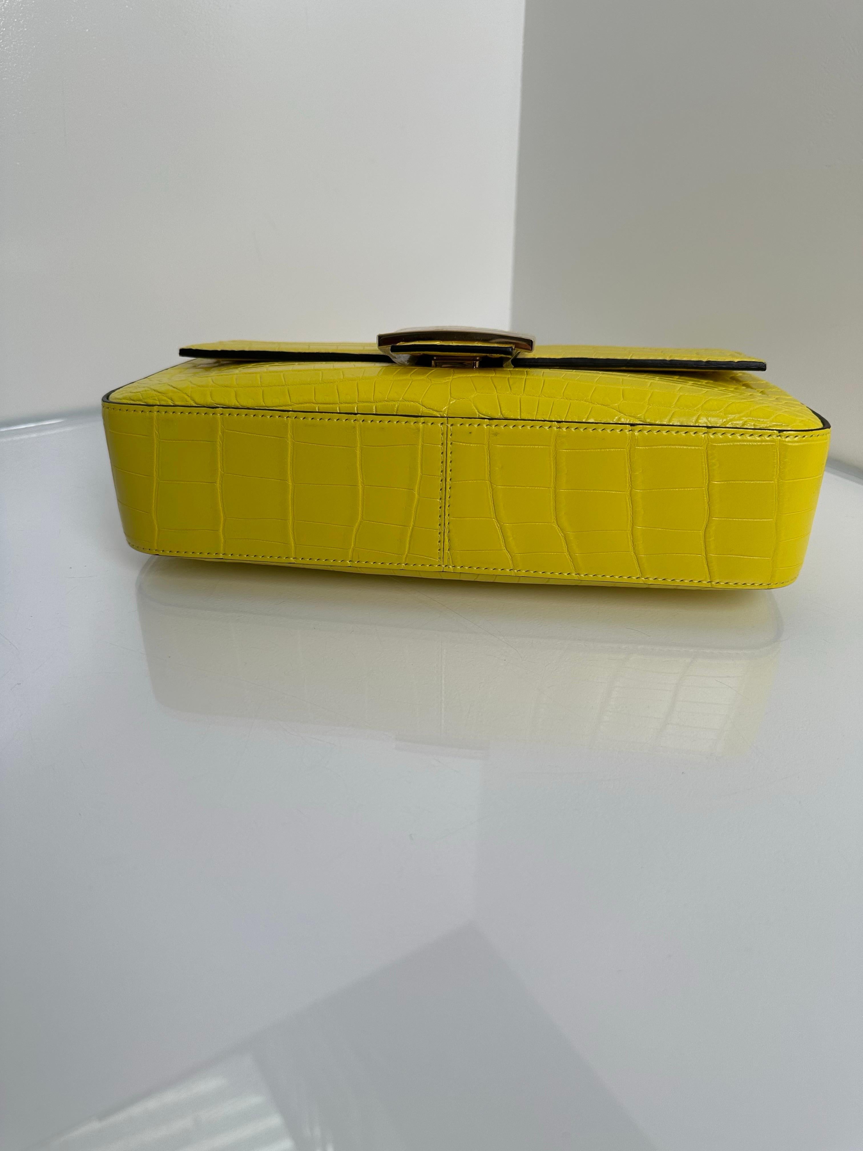 Exotic Fendi Baguette in Crocodile. Chartreuse color.  Looks like a new bag now. Interior clean. Gorgeous color and great investment bag. Like new includes box dustbag, and two straps. 