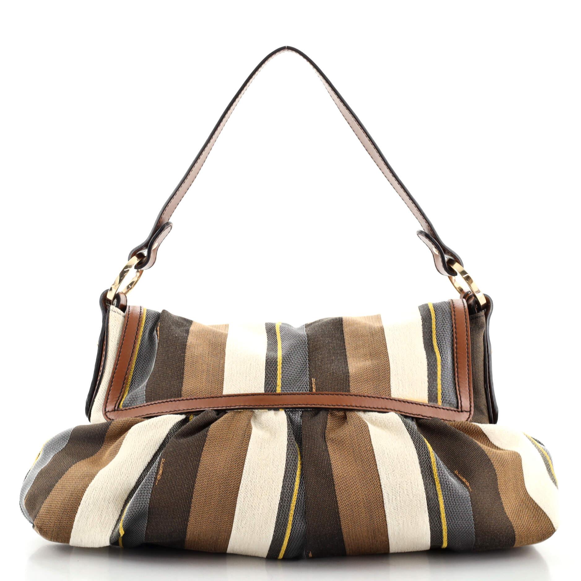 Brown Fendi Chef Lock Flap Bag Striped Canvas and Leather Large