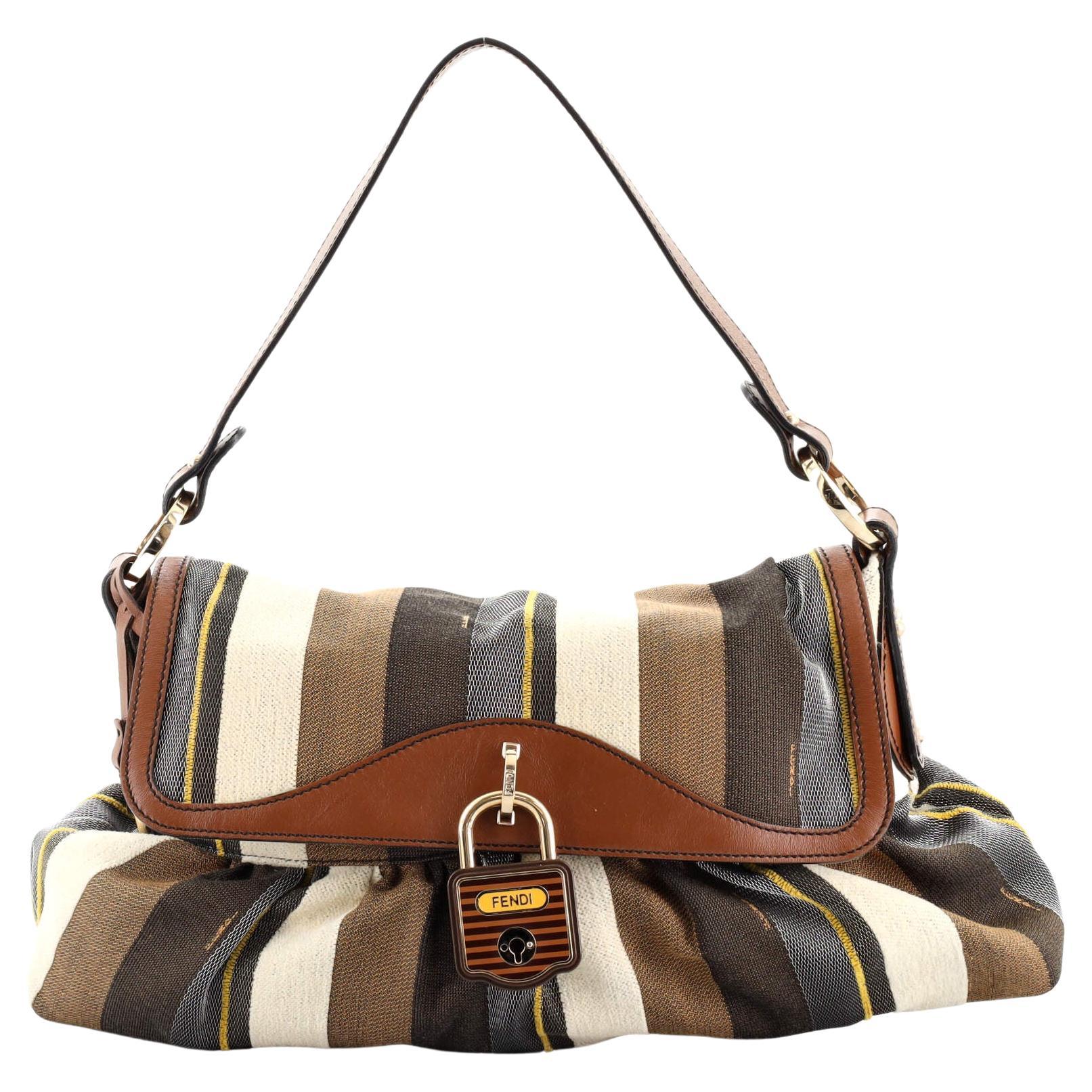 Fendi Chef Lock Flap Bag Striped Canvas and Leather Large