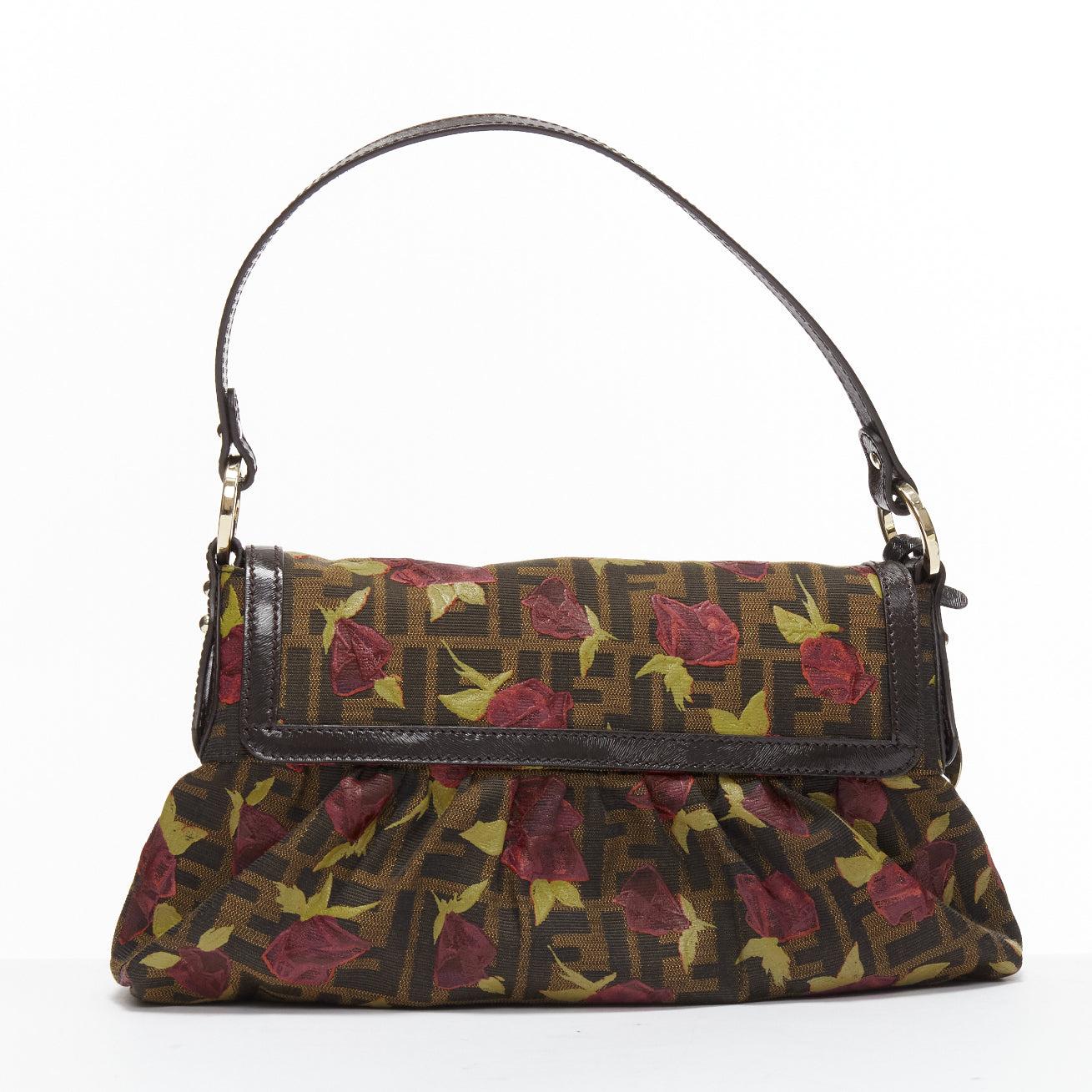 Women's FENDI Chef red rose print brown FF Zucca canvas leather shoulder bag For Sale