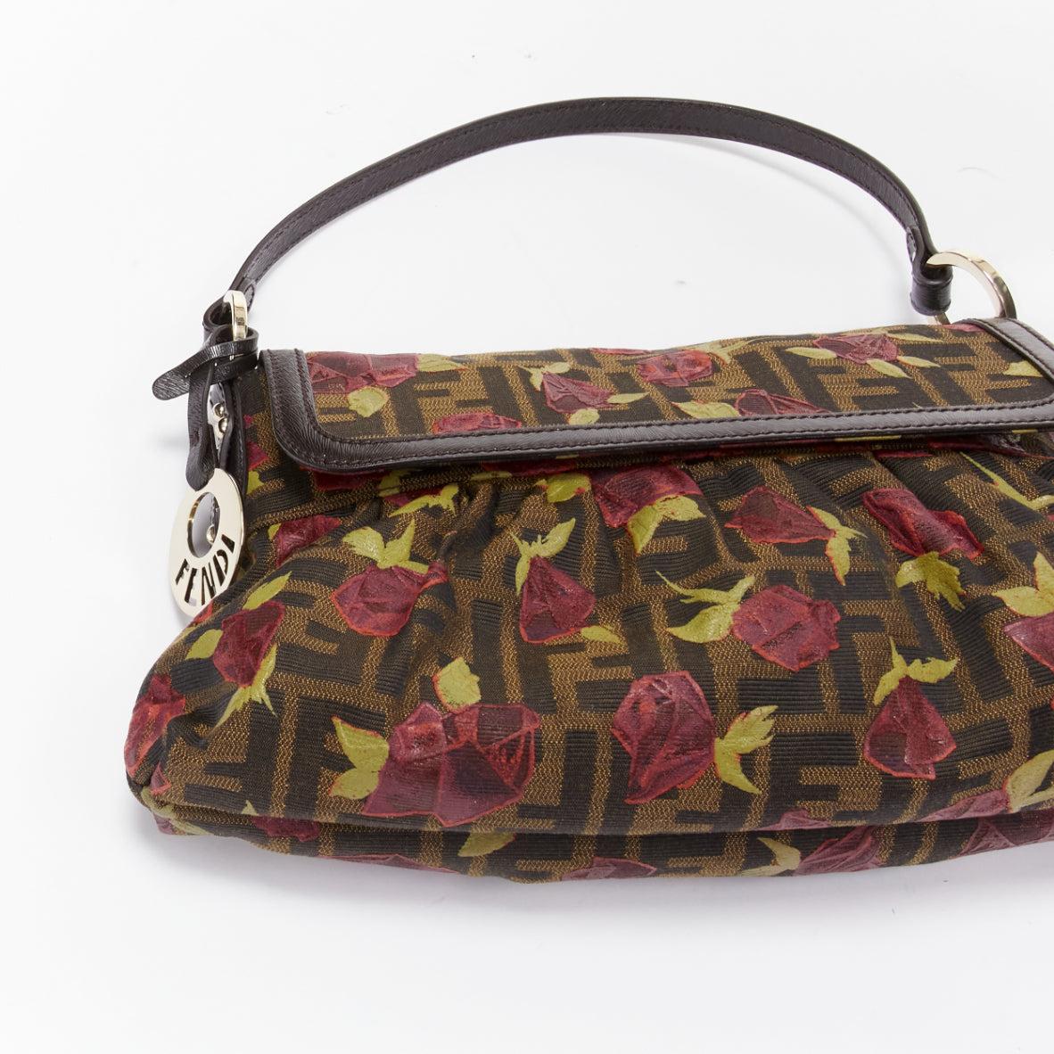 FENDI Chef red rose print brown FF Zucca canvas leather shoulder bag For Sale 2