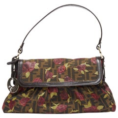 FENDI Chef red rose print brown FF Zucca canvas leather shoulder bag