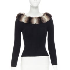 FENDI chinchilla fur collar 100% cashmere black ribbed sweater pullover top IT40