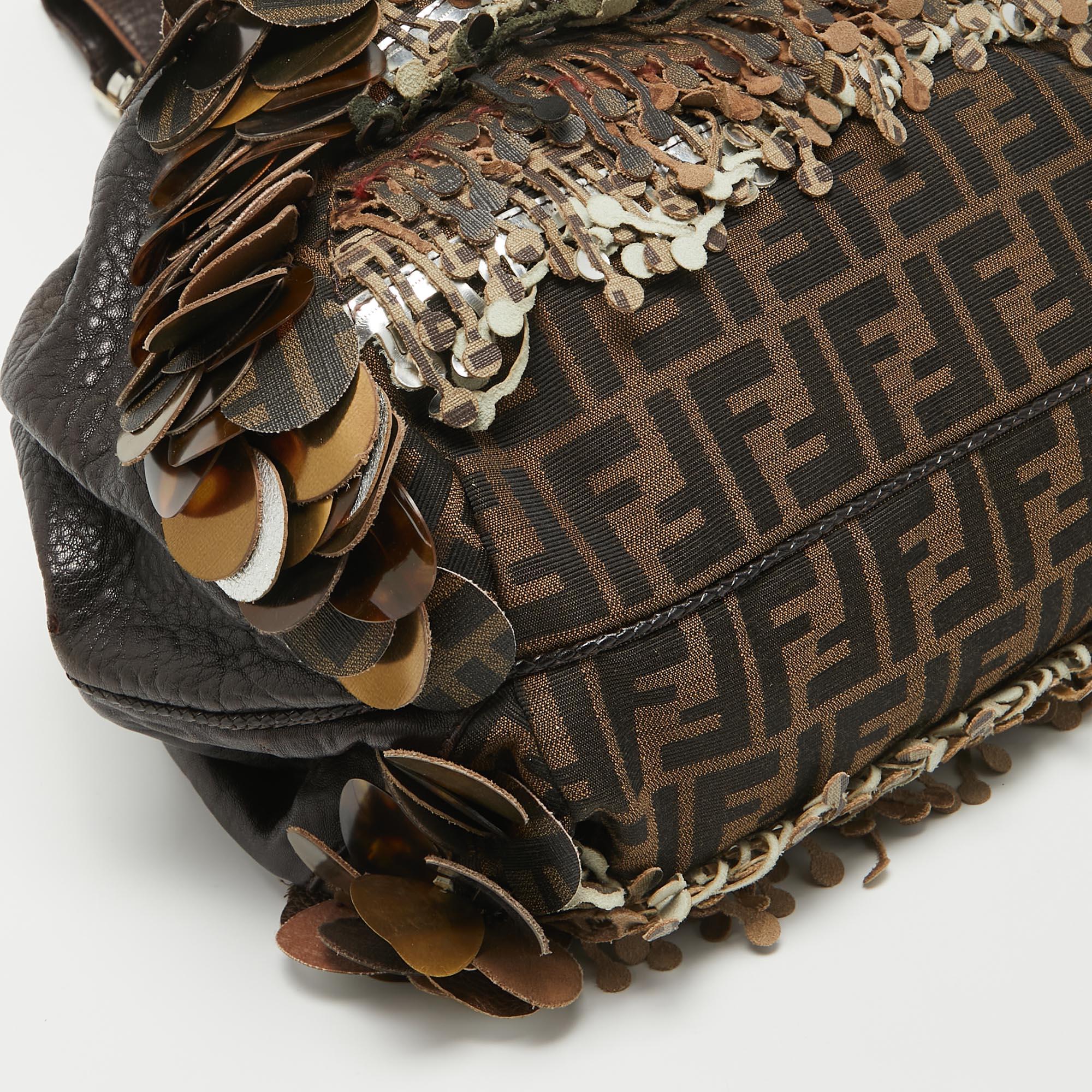 Fendi Choco Brown Leather and Zucca Canvas Embellished Spy Bag 3