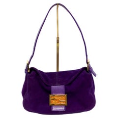 Vintage Fendi Circa 1990s Purple Suede & Gold-Tone Baguette Shoulder Bag