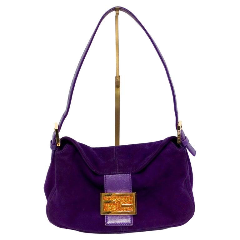 Fendi Circa 1990s Purple Suede and Gold-Tone Baguette Shoulder Bag