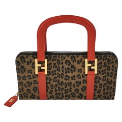 Fendi Clutch Denim Leopard Print with Red Leather Handles Fendi Clutch Denim Leopard Print with Red Leather Handles