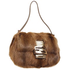 Fendi Cognac Brown Fur Exotic Leather Gold Medium Evening Shoulder Flap Bag