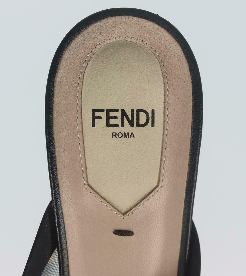 Fendi Colibri Leather Trimmed Logo Print Mesh Mules In Good Condition In London, GB
