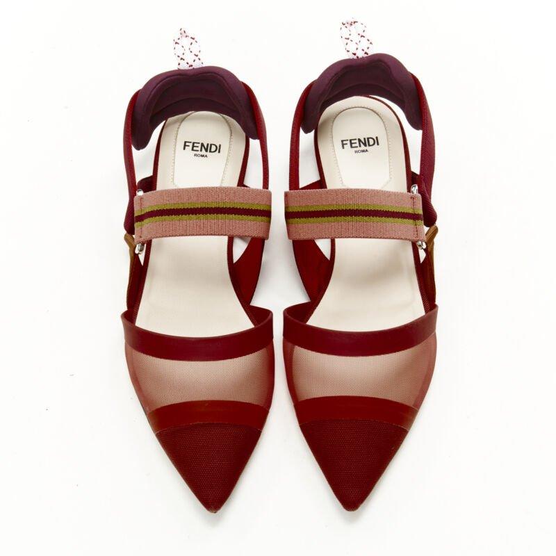 FENDI Colibri red sheer mesh mixed fabric sports strap flats EU36.5
Reference: ANWU/A00329
Brand: Fendi
Model: Colibri
Material: Fabric, Mesh
Color: Red
Pattern: Solid
Closure: Slingback
Lining:  Leather
Extra Details: Sheer panel and fabric with