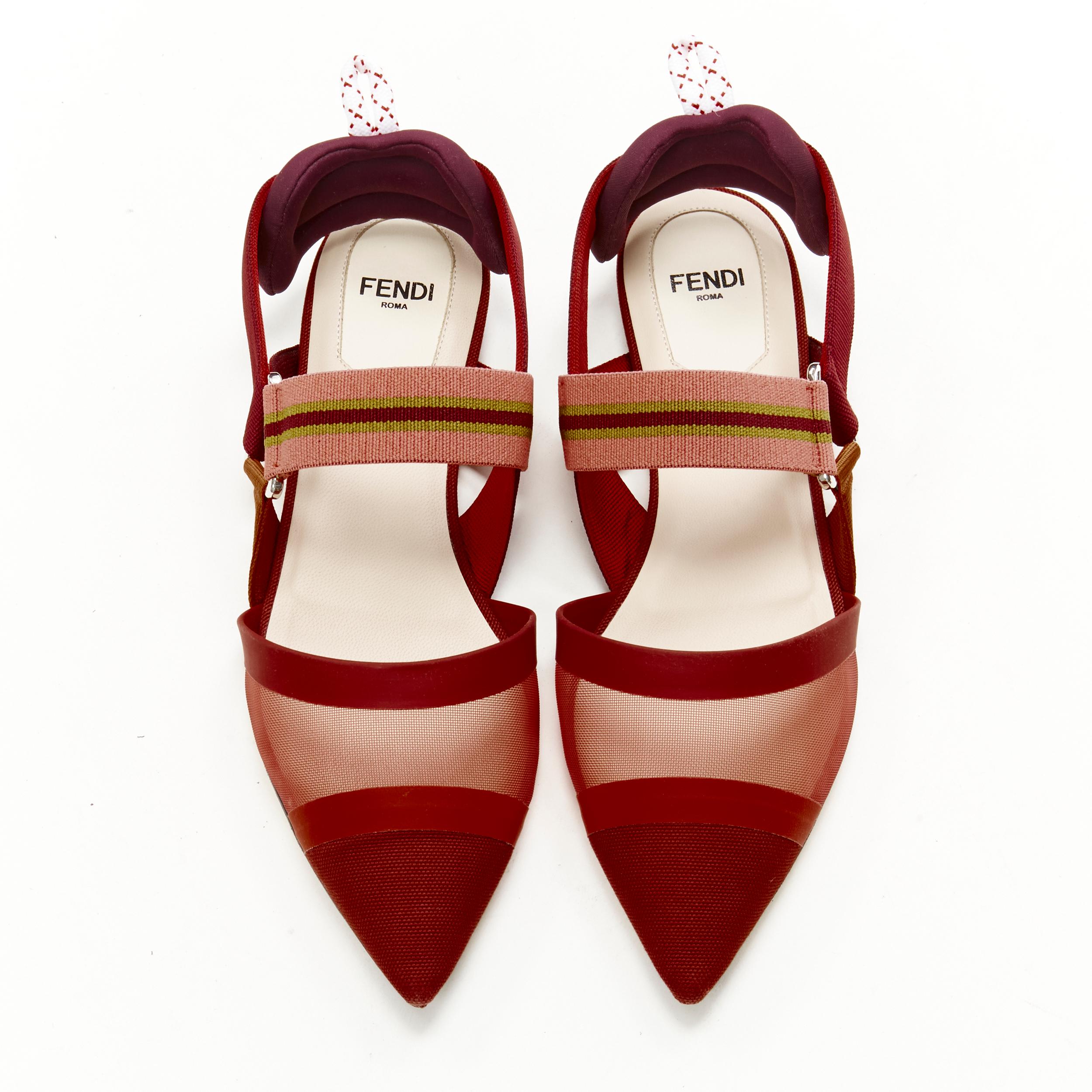 FENDI Colibri red sheer mesh mixed fabric sports strap flats EU36.5 
Reference: ANWU/A00329 
Brand: Fendi 
Model: Colibri 
Material: Fabric 
Color: Red 
Pattern: Solid 
Closure: Slingback 
Extra Detail: Sheer panel and fabric with rubber reinforced