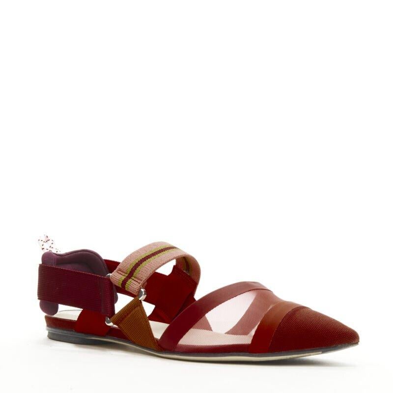 Brown FENDI Colibri red sheer mesh mixed fabric sports strap flats EU36.5