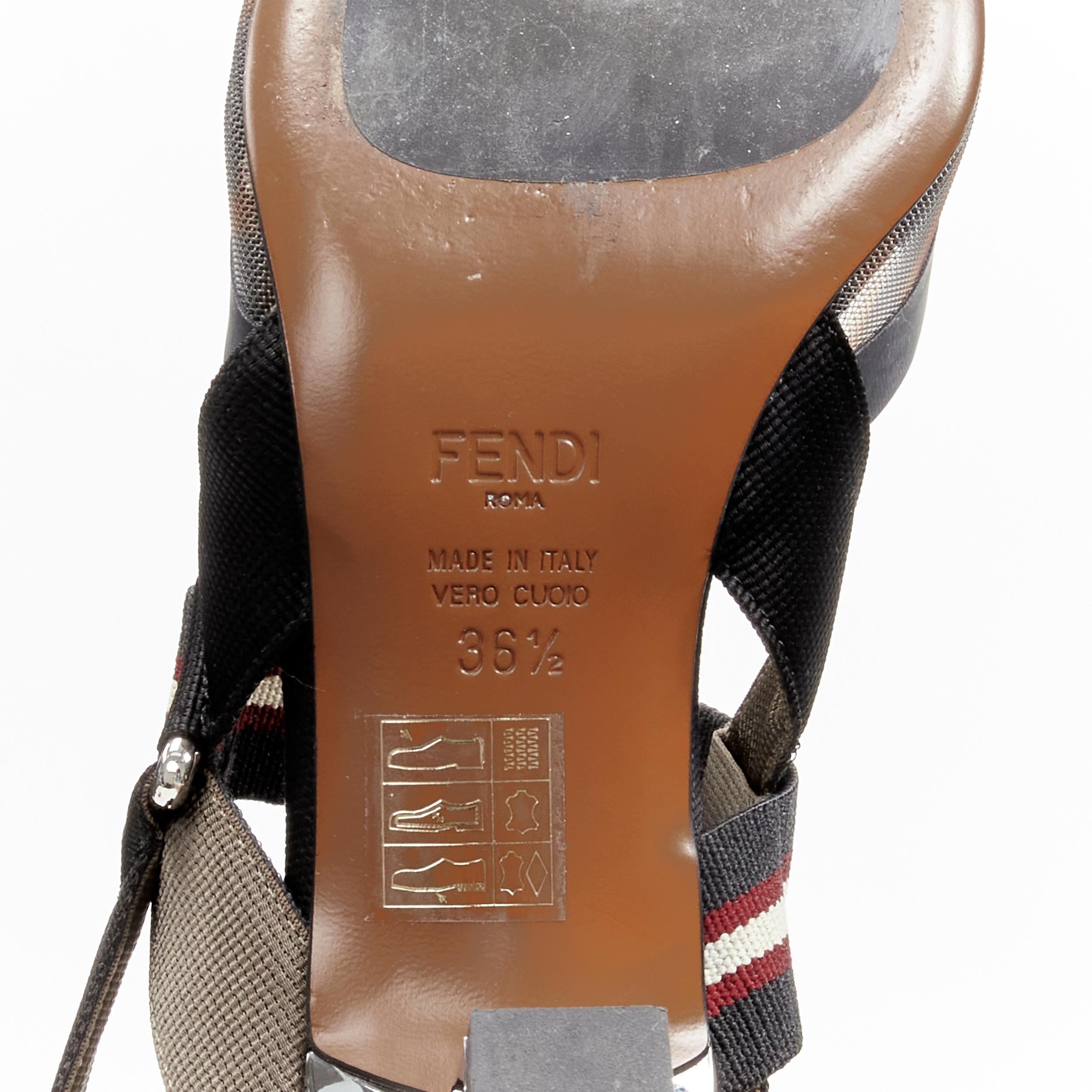 FENDI Colibri Runway FF Zucca mesh nylon strap silver mid heel pump EU36.5 3