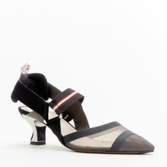 FENDI Colibri Laufsteg FF Zucca Pumpe mit silbernem Nylonriemen und mittlerem Absatz EU36,5