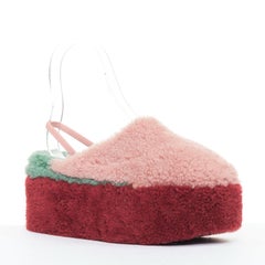 FENDI colorblock pink red green genuine shearling platform slingback mules EU36
