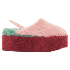 FENDI colorblock pink red green genuine shearling platform slingback mules EU36