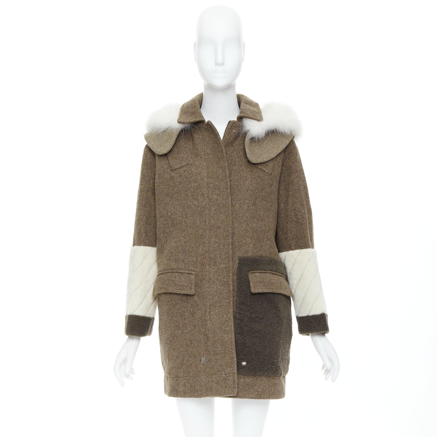 FENDI colorblocked brown wool patchwork fur hooded parka coat IT38 XS For Sale 5