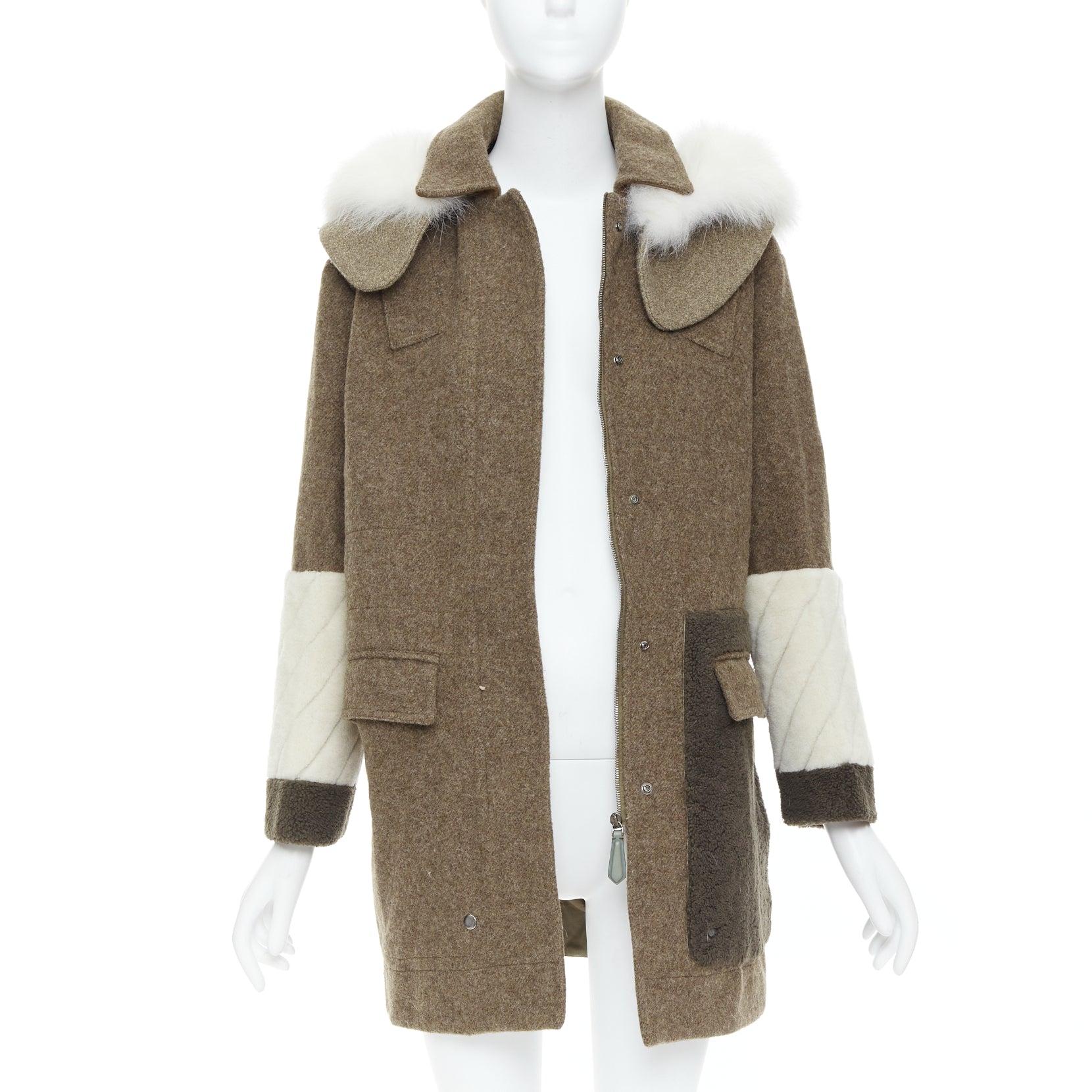 Gray FENDI colorblocked brown wool patchwork fur hooded parka coat IT38 XS For Sale
