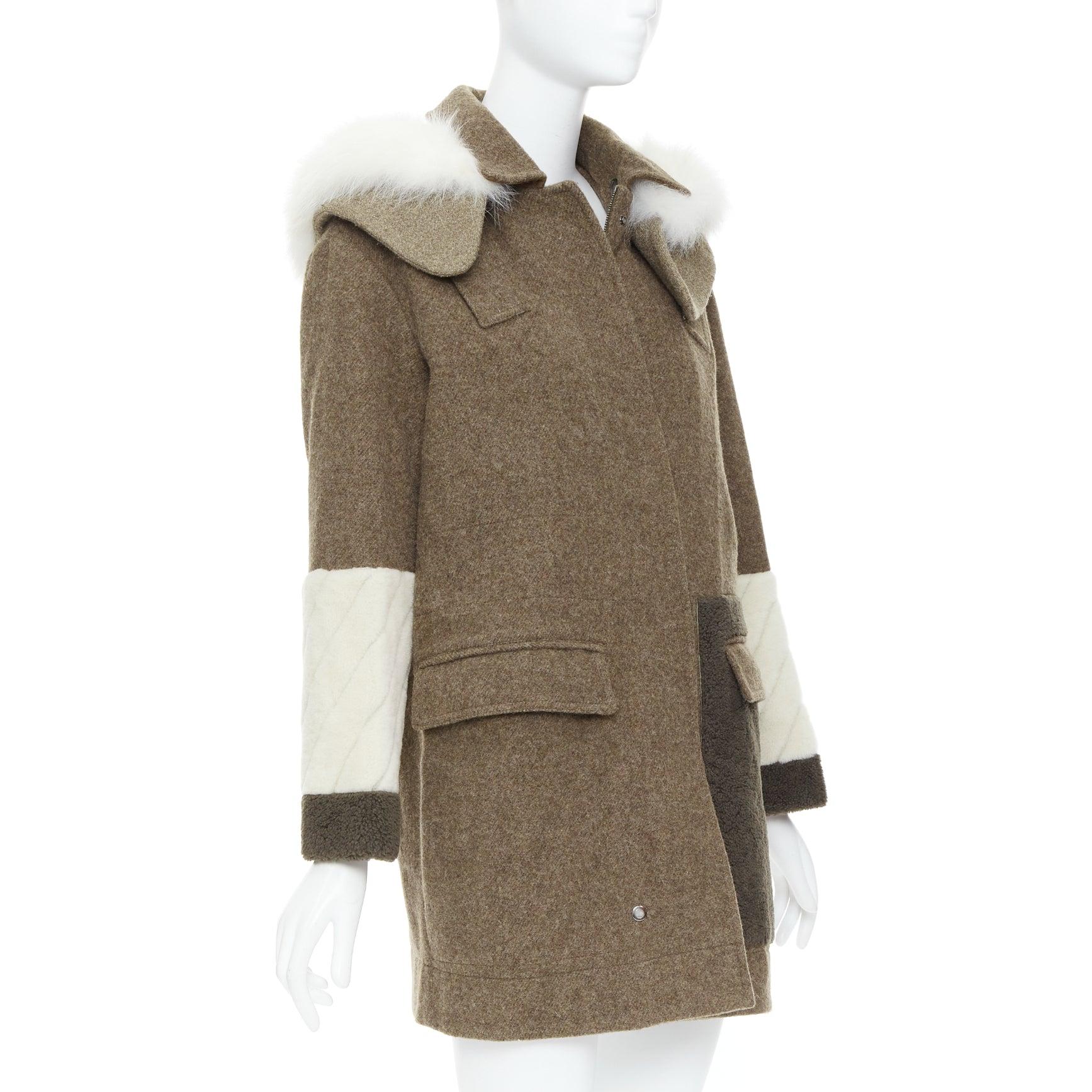 FENDI colorblocked brown wool patchwork fur hooded parka coat IT38 XS In Good Condition For Sale In Hong Kong, NT