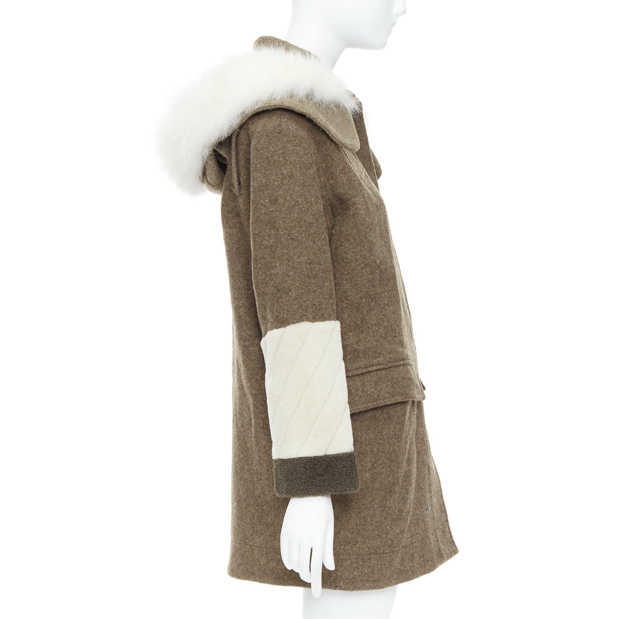 Women's FENDI colorblocked brown wool patchwork fur hooded parka coat IT38 XS For Sale