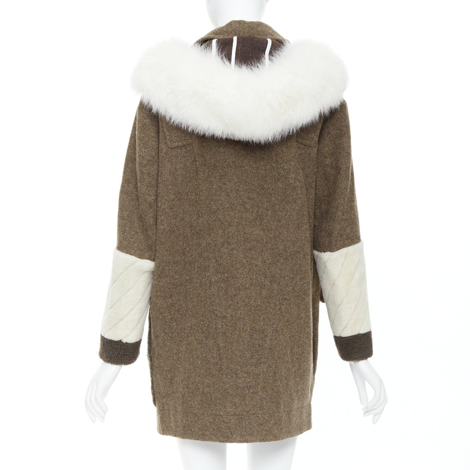 FENDI colorblocked brown wool patchwork fur hooded parka coat IT38 XS For Sale 1